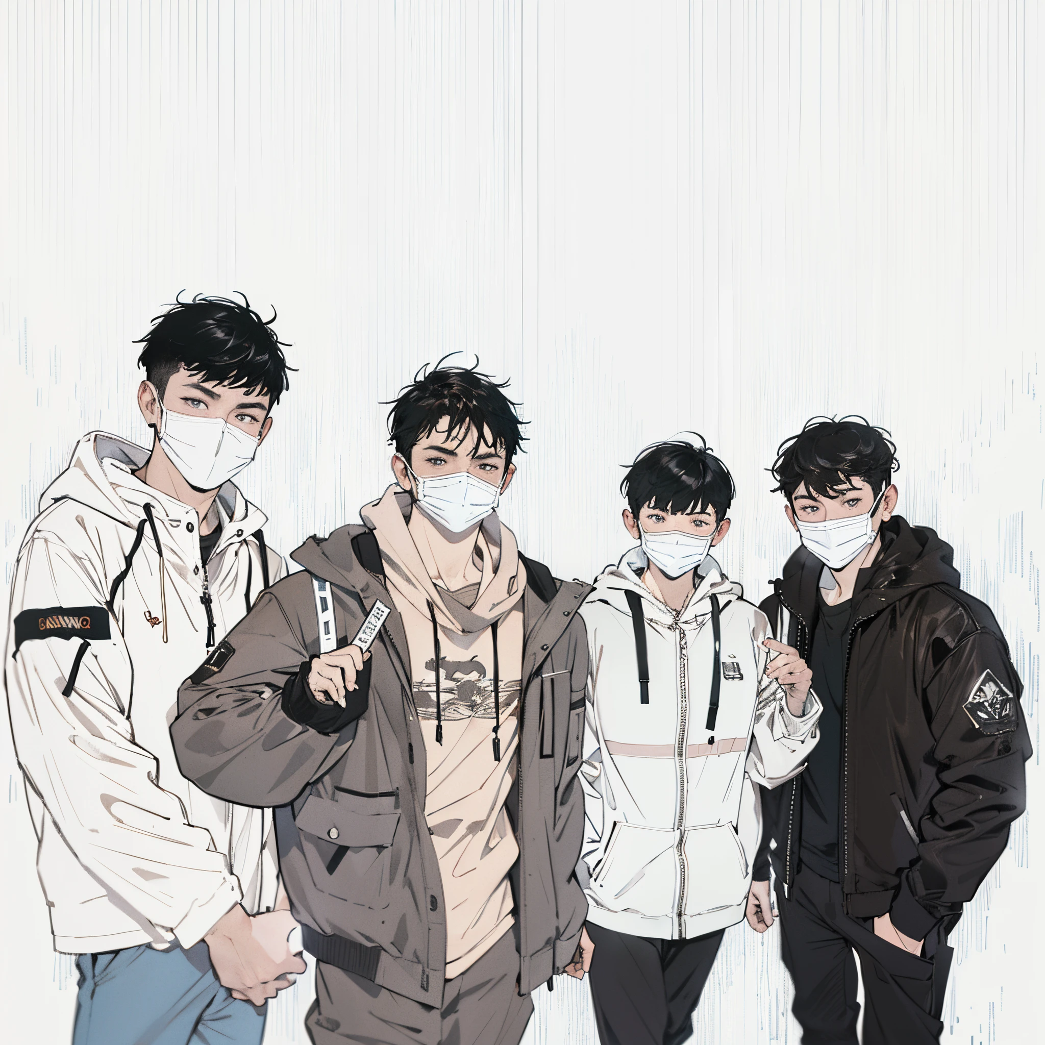 ((Masterpiece, Best Quality)), high resolucion, 8K, Cinematic light, High contrast, Depth of field, Intense brilliance, A detailed,four people,wearing mask