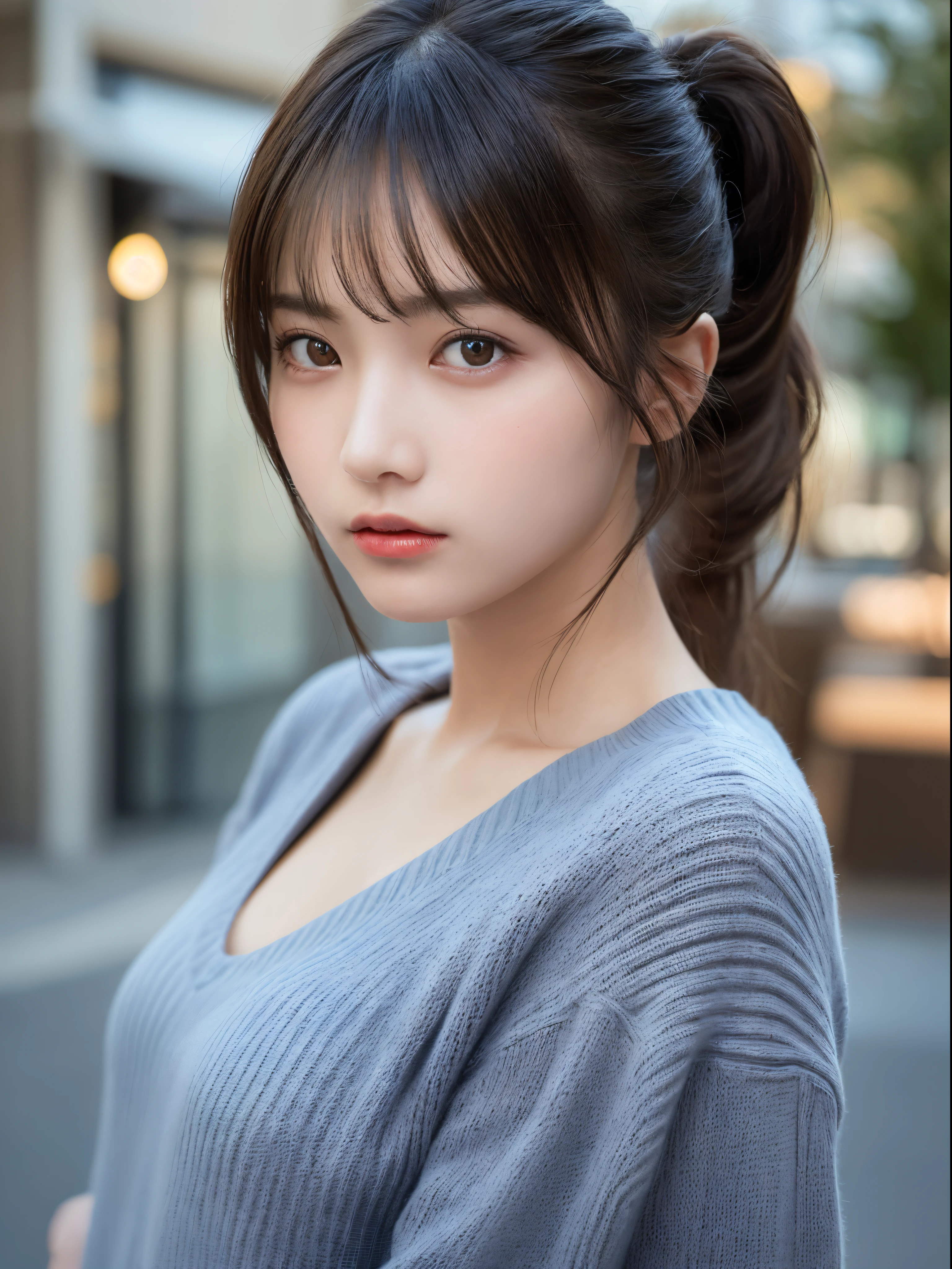 (masterpiece:1.3), (8K, Photorealsitic, Raw photography, Top image quality: 1.4), 20 year old girl、(Random hairstyles:1.2)、Super Detail Face、Eye of Detail、二重まぶた、foco nítido:1.2、prety woman:1.4、light brown hair、poneyTail、Natural Color Lip、top-quality、masterpiece、超A high resolution、(Photorealsitic:1.4)、very detailed and professional lighting、wear a dark blue sweater、slender、serious facial expression、Transparent skin、randome pose、Glowing hair、Gravure Model Pose、