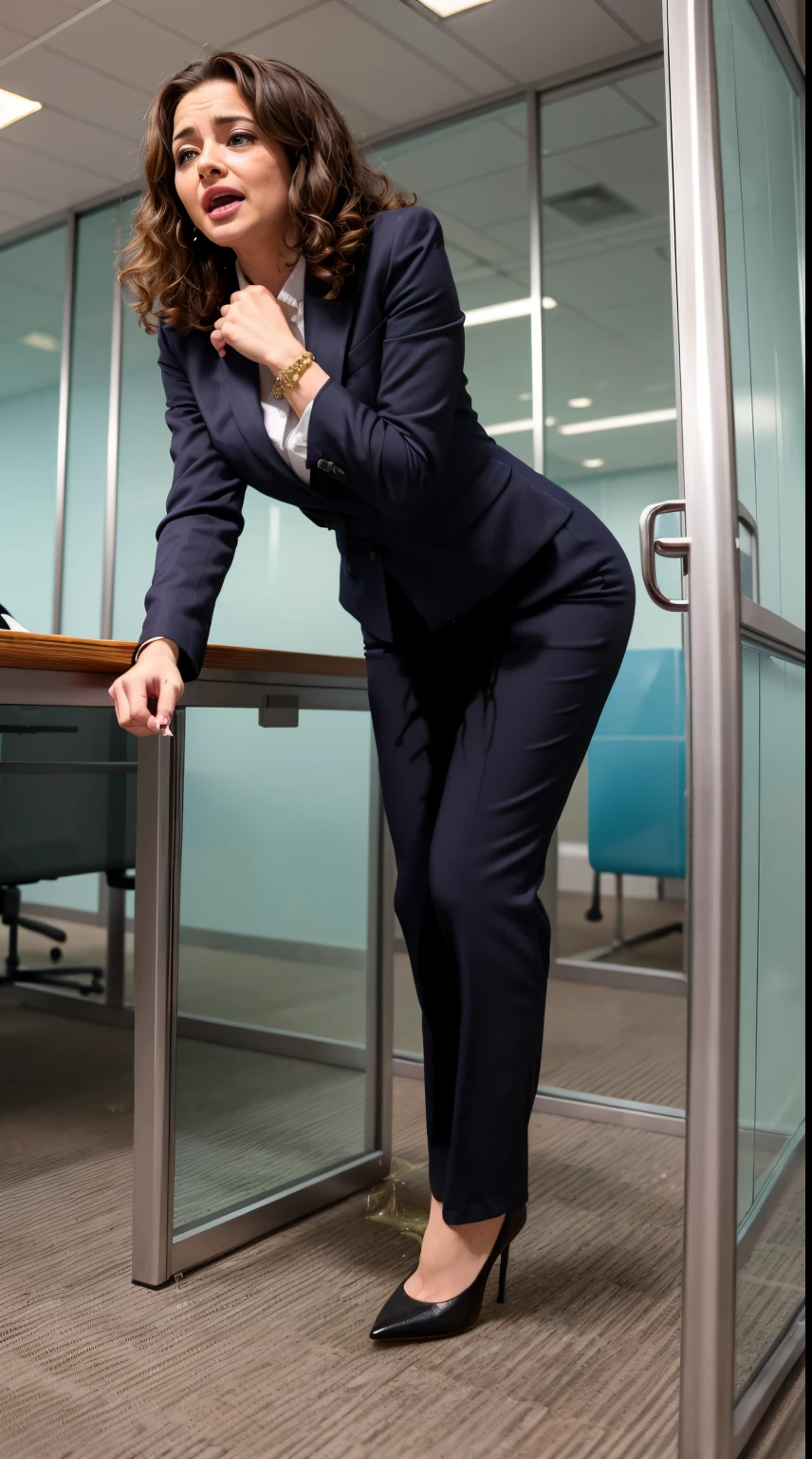 (masterpiece, best quality:1.2), (realistic,photo-realistic:1.4), RAW photo, highres, extremely detailed, intricate details, cinematic lighting, (front view, view from below:1.3), a 30yo japanese female, standing in the office room, (full body, high heels:1.5), large breasts, (fine fabric texture, office lady suit:1.2), detailed eyes, detailed face, fine-textured skin, pale skin,
(peeing self,urination:1.4),(ashamed:1.2),
desperate for peeing, wetting her clothes, pee runing down her legs, pee desperation pose, pee desperate face, big pee pudle,
indoors, photo background,