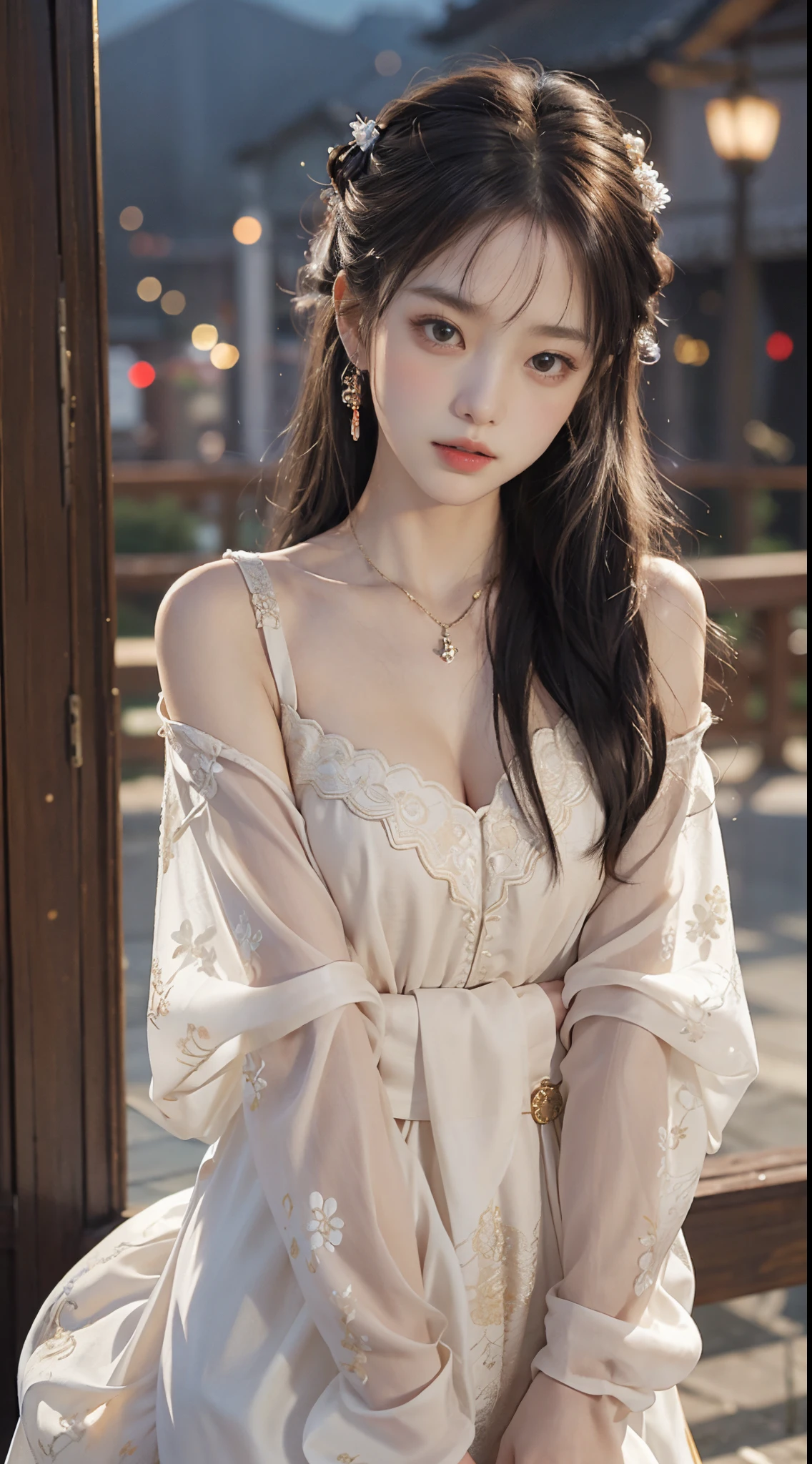 ((upper body)), Shot from a random perspective, ancient chinese beauti, On the stone tower, Leaning against the railing, posed for photo, ellegance, dignified, slim, Slimming the waist, curlies, period costume, Hanfu, Tang suit, cropped shoulders, China-style, Floral, Pattern, high-waist, Nice belt, golden hair, warm lights, Warm tones Slender legs, Cross ed leg, the night, rays of moonlight, warm lights, a warm color palette, Dynamic pose, posing elegantly, blonde hair, streaked hair, hair ornament, heart-shaped pupils, makeup, light smile, shy, licking lips, Romanticism, Social realism, chiaroscuro, motion blur, anaglyph, Sony FE GM, UHD, masterpiece, textured skin, super detail, best quality