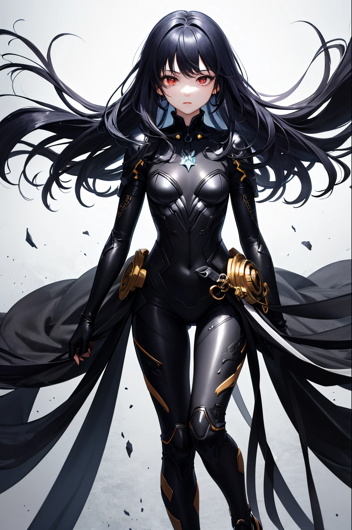 ultra-detailliert、Undesirable things are easy negatives、(anime illustrated)、top-quality、Top image quality、masterpiece、超A high resolution、Android Beautiful Girl、sixteen years old, Cybersuit glowing black, Red energy source on the chest、silvery shiny hair、The long-haired,Red eyes、A slender、The face is depicted in detail、(Eyes are drawn in detail)、Clothes are depicted in detail、The background is detailed、hiquality、Beautiful Art、Fantastic Universe、Elaborate design、soio、sorcerer、Full body front