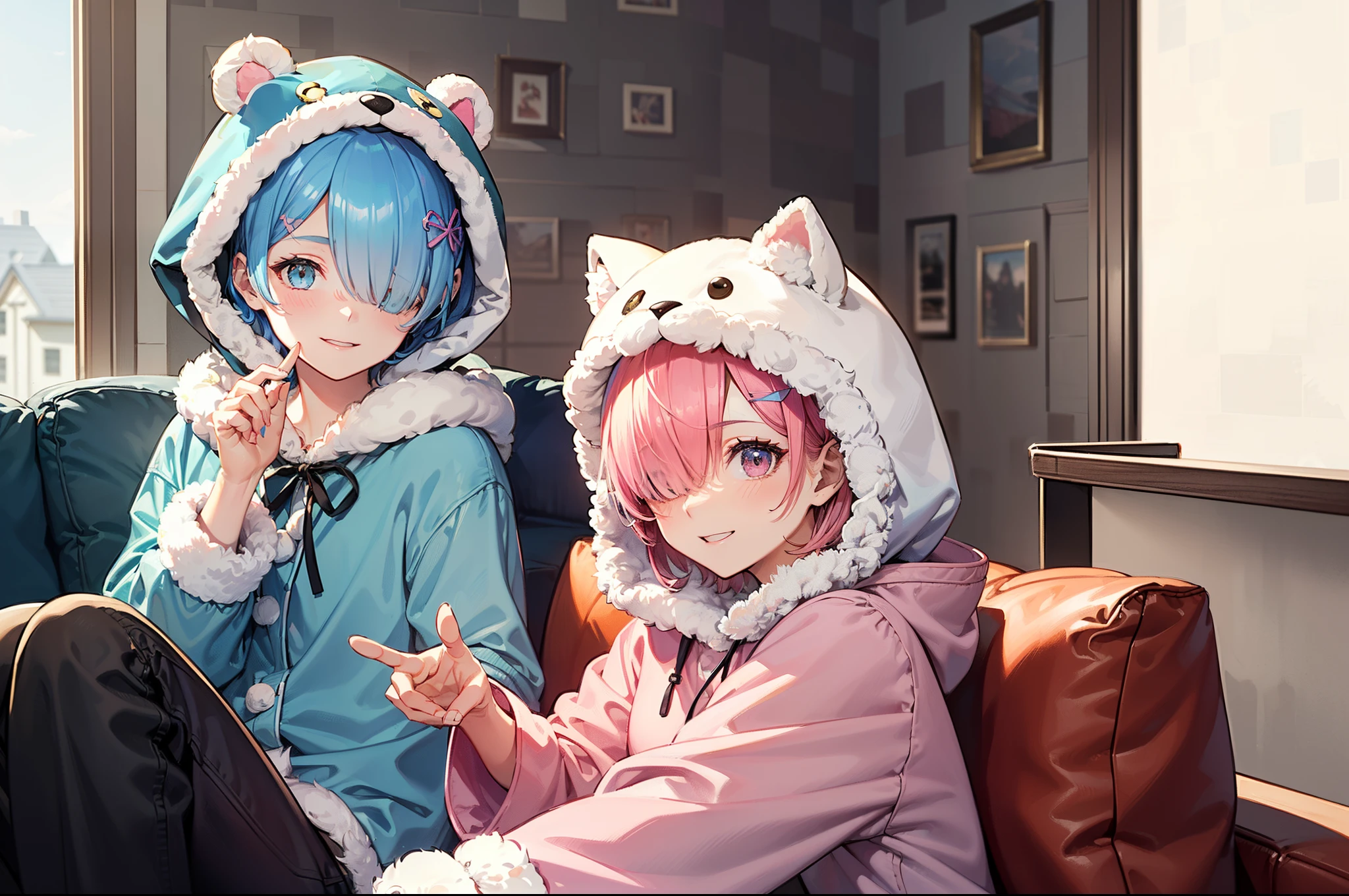 masterpiece, (2girls), couple, ((ram \(re:zero\), (pink hair), (hair tie)), (remrin:0.9), ramchi, (rem_re_zero, (light blue hair), (hair tie)), (short hair:1.5), (hair over one eye:1.3):1.4), (wearing warm fluffy furry pajama with animal hood:1.5), boobs, (joyful face expression:1.5), (detailed body, detailed hands, detailed faces:1.3), (selfie:1.45), (house interior, seating ion couch, room background:1.5)