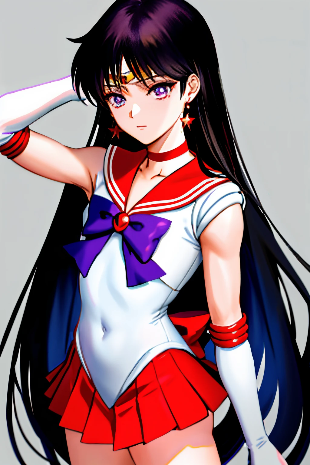 Top Quality Anime Art、​masterpiece、high definition anime art、anime style 4 k、Anime Boy、Cool boys、Junior high school boys、Rei Hino、gender change、rating:safe、solo、Star earrings、jewelry、Sailor Mars、gender change(Girls to boys)、Masculinization、Red sailor collar、Blue bow tie、Boy with very long black hair、Sailor Senshi Uniform、skirt、a red skirt、white glove、elbowgloves、Magical Boy、a miniskirt、pleatedskirt、bow、covered_navel、White leotard、highleg leotard、robe blanche、cowboy_shot、Blue-eyed boy、back_bow、collarbone、circlet、looking_at_viewer、Muscular men、touching hair with hands、adjusting_hair、Boy standing、Boy with Purple Eyes、closed_mouth、a red choker、playing hair、Hymn to the King as a Prince、red_background、Bare shoulders、bare legs、(1990's\(styles\):0.9)、