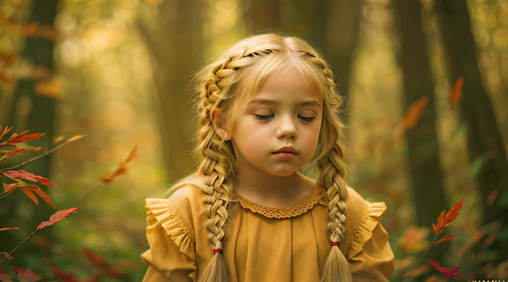 GIRL BLONDE CHILD IN BRAID, MUITAS VELAS ACESSAS , fundo vermelho.