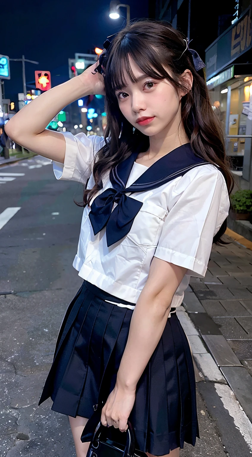 (8k, RAW photo, best quality, masterpiece:1.3),(realistic,photo-realistic:1.37),(night),(looking at viewer:1.331),(white hair),posing,Tokyo street,nightcityscape, cyberpunk city,soft light,1girl,extremely beautiful face,bust,put down hands,Random hairstyle,Random expression,big eyes, ,lower abdomen,(lshort-sleeved JK_sailor),JK_style,(dark blue JK_skirt) ,(bow JK_tie),mix4