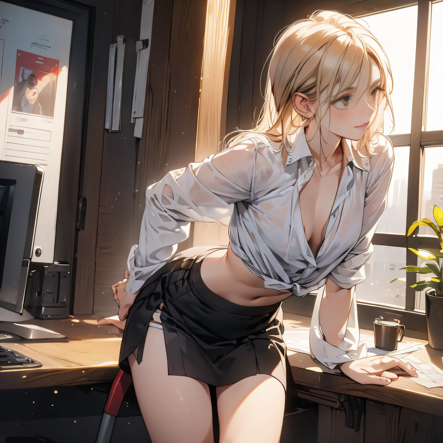 (longshot, looking away, shift off center, draw the face precisely, cinematic perspective), a woman, (pinch the nipple with her fingertips), (place her butt against the corner of the chair), wearing bra and jacket, small breast, open her knees, in the office, skyscraper, plants, (using laptop to work), tight skirt, sticks out her hip, (some monitors),