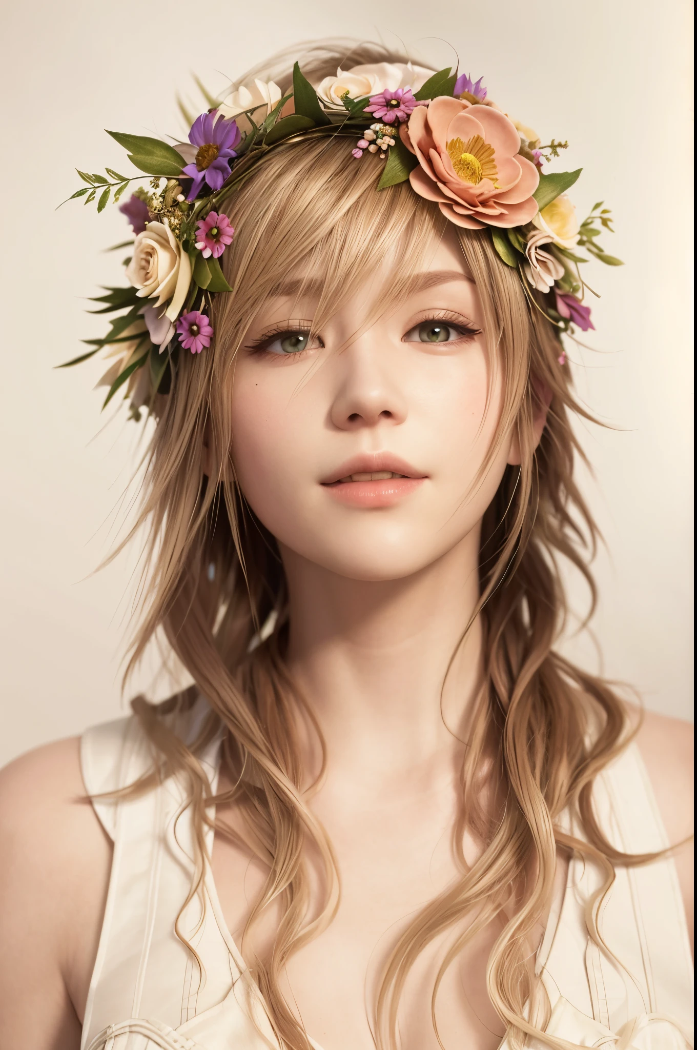 there is a woman with a flower crown on her head, flower storm portrait,HD, (Best Detail), (Best Quality), Final Fantasy, Relic, Joy, Masterpiece, Best Quality, High Resolution, ((blonde))