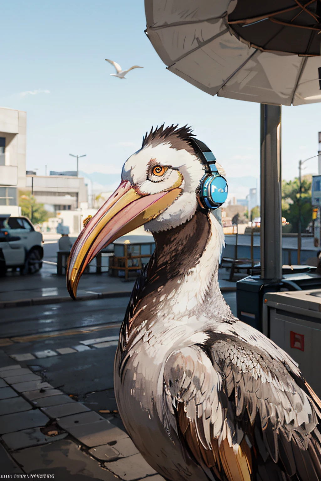 Pelican-bird, wearing headphone on neck, unreal engine, outdoor lighting, art-station, detailed, digital painting, cinematic, character design unreal 5, hyperrealistic, octane render