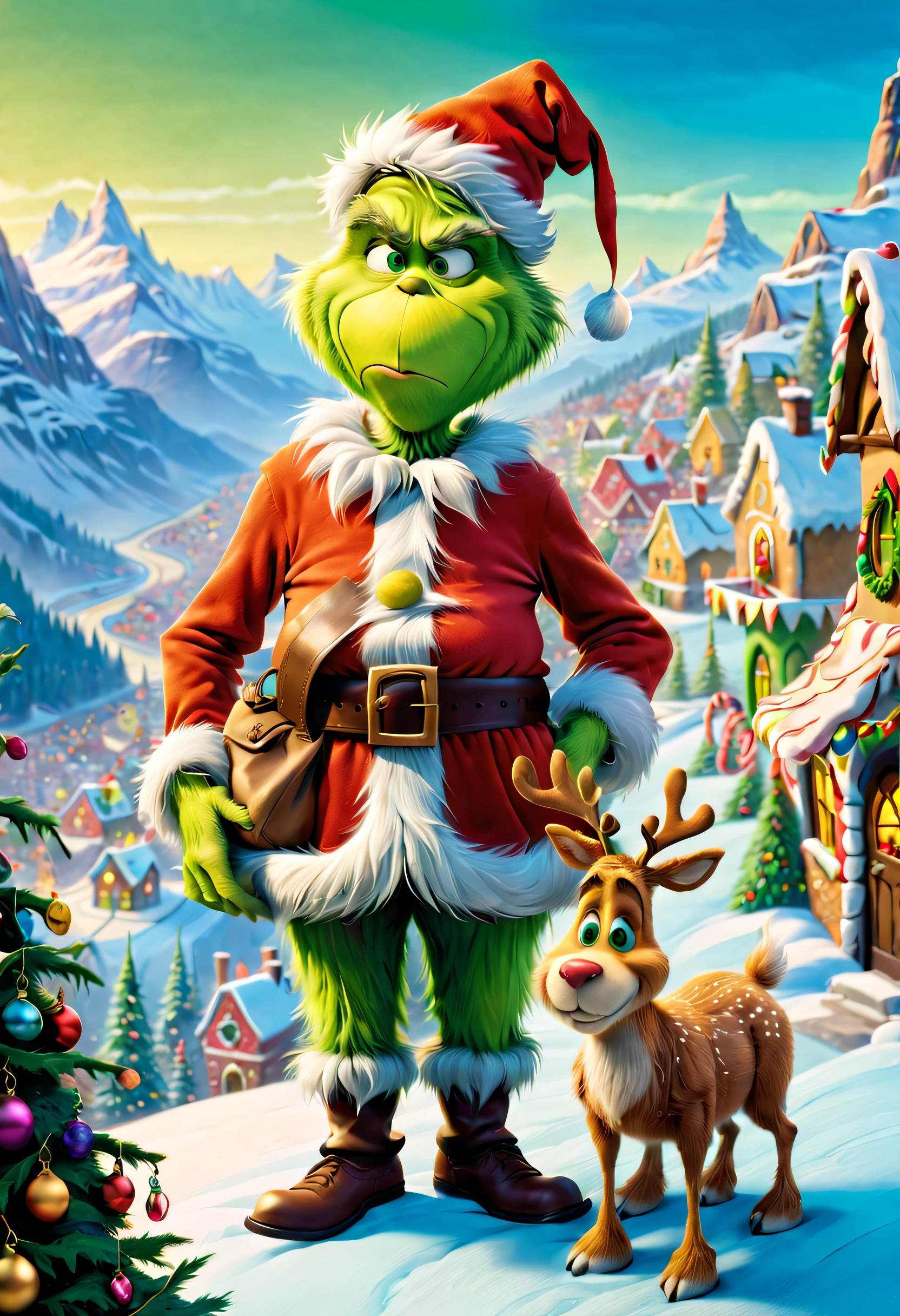 A lonely guy known as "The Grinch" lives on the top of a mountain. At the foot of the mountain is a town as beautiful as gingerbread, Whoville.As the town of Whoville prepares for Christmas, the Grinch plans to ruin the holiday for everyone.The Grinch, who hates Christmas due to his childhood shadow, hatches a plan to pretend to be Santa Claus along with his dog, Max, and an overweight reindeer named Fred, and steal all the goods in the town. Christmas gifts, food and various decorations.