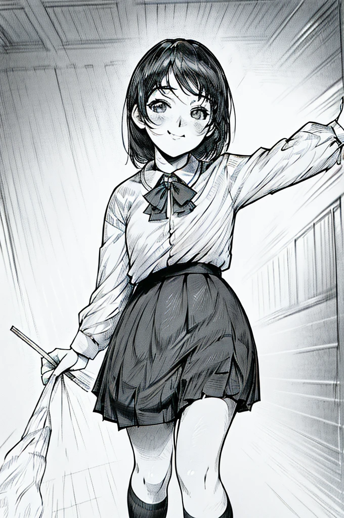 masterpiece, 1girl, solo,  pov, ayase fuuka, school uniform, blouse, pleated skirt, ribbon, mini skirt, front view, bust shot, walking, from above,
cowboy shot,, smile,  greyscale, monochrome, halftone, drawing, manga, otoyomegatari,
face focus,  class room,