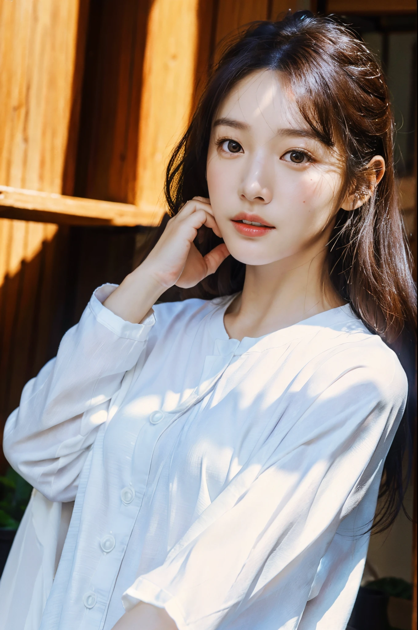 dressed, (photo realistic:1.4), (hyper realistic:1.4), (realistic:1.3),
(smoother lighting:1.05), (increase cinematic lighting quality:0.9), 32K,
1girl,20yo girl, realistic lighting, backlighting, light on face, ray trace, (brightening light:1.2), (Increase quality:1.4),
(best quality real texture skin), finely detailed eyes, finely detailed face,
(tired and sleepy and satisfied:0.0), face closeup, t-shirts,
(Increase body line mood:1.1), shiny skin