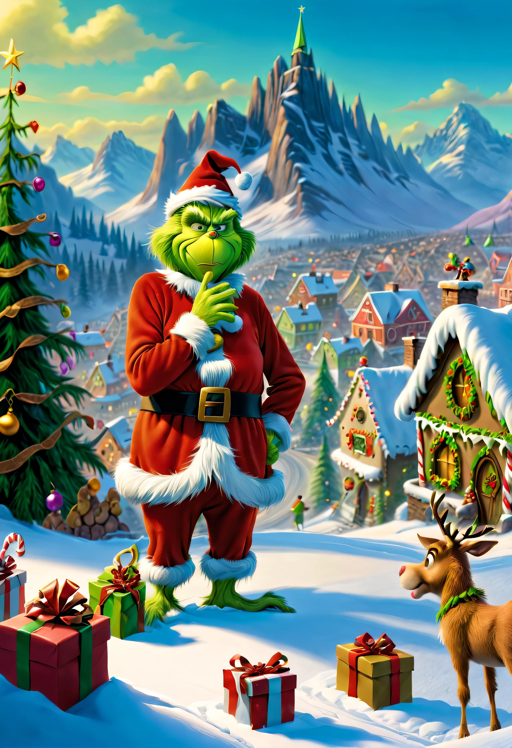 A lonely guy known as "The Grinch" lives on the top of a mountain. At the foot of the mountain is a town as beautiful as gingerbread, Whoville.As the town of Whoville prepares for Christmas, the Grinch plans to ruin the holiday for everyone.The Grinch, who hates Christmas due to his childhood shadow, hatches a plan to pretend to be Santa Claus along with his dog, Max, and an overweight reindeer named Fred, and steal all the goods in the town. Christmas gifts, food and various decorations.