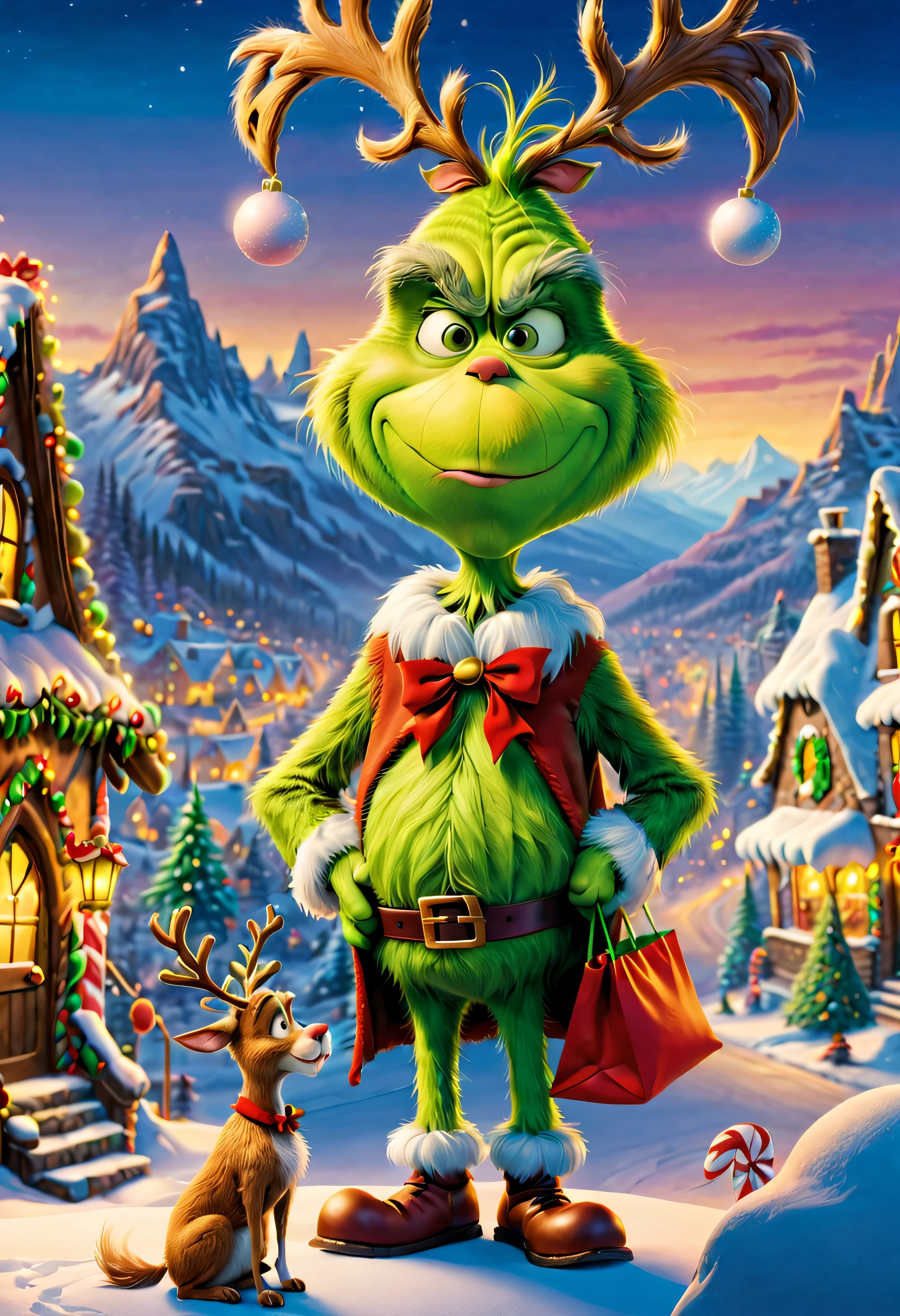 A lonely guy known as "The Grinch" lives on the top of a mountain. At the foot of the mountain is a town as beautiful as gingerbread, Whoville.As the town of Whoville prepares for Christmas, the Grinch plans to ruin the holiday for everyone.The Grinch, who hates Christmas due to his childhood shadow, hatches a plan to pretend to be Santa Claus along with his dog, Max, and an overweight reindeer named Fred, and steal all the goods in the town. Christmas gifts, food and various decorations.