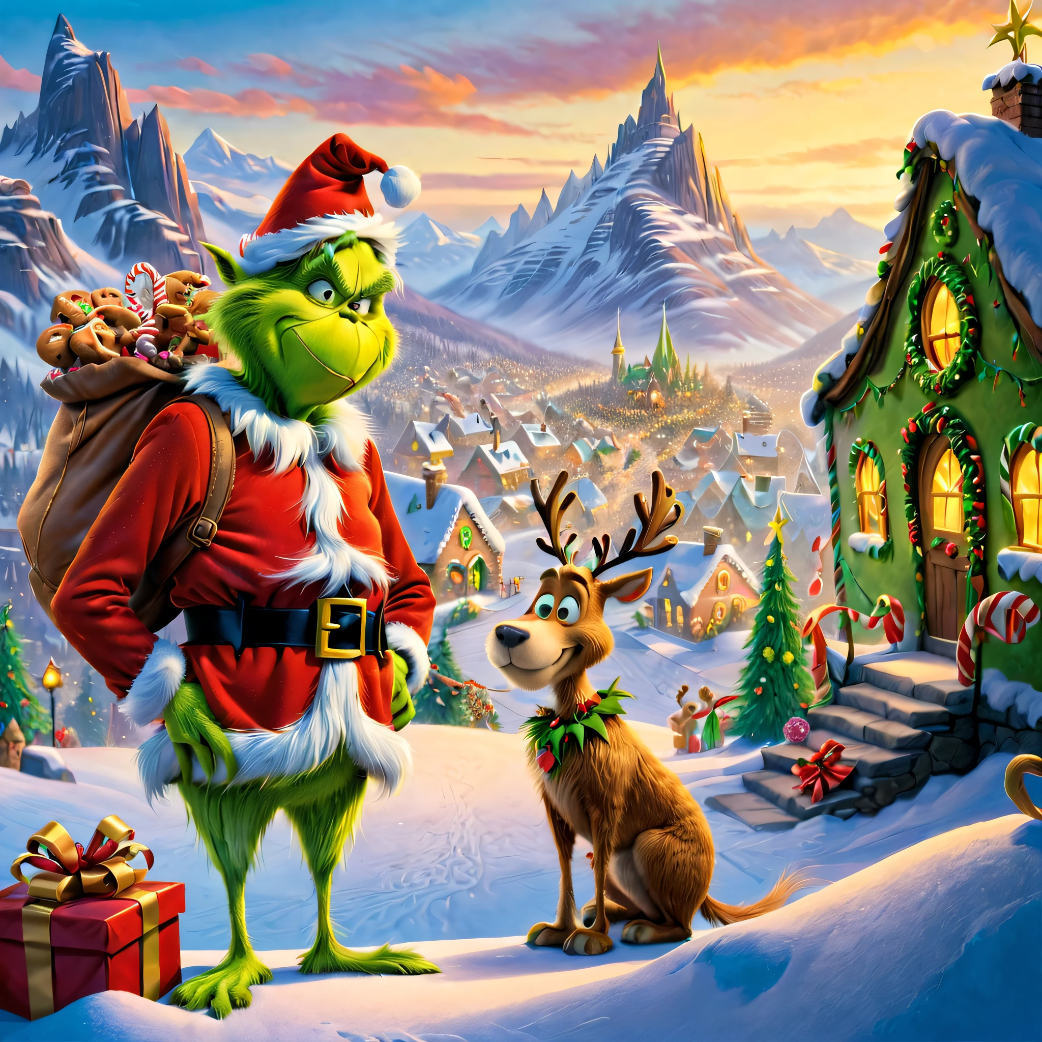 A lonely guy known as "The Grinch" lives on the top of a mountain. At the foot of the mountain is a town as beautiful as gingerbread, Whoville.As the town of Whoville prepares for Christmas, the Grinch plans to ruin the holiday for everyone.The Grinch, who hates Christmas due to his childhood shadow, hatches a plan to pretend to be Santa Claus along with his dog, Max, and an overweight reindeer named Fred, and steal all the goods in the town. Christmas gifts, food and various decorations.
