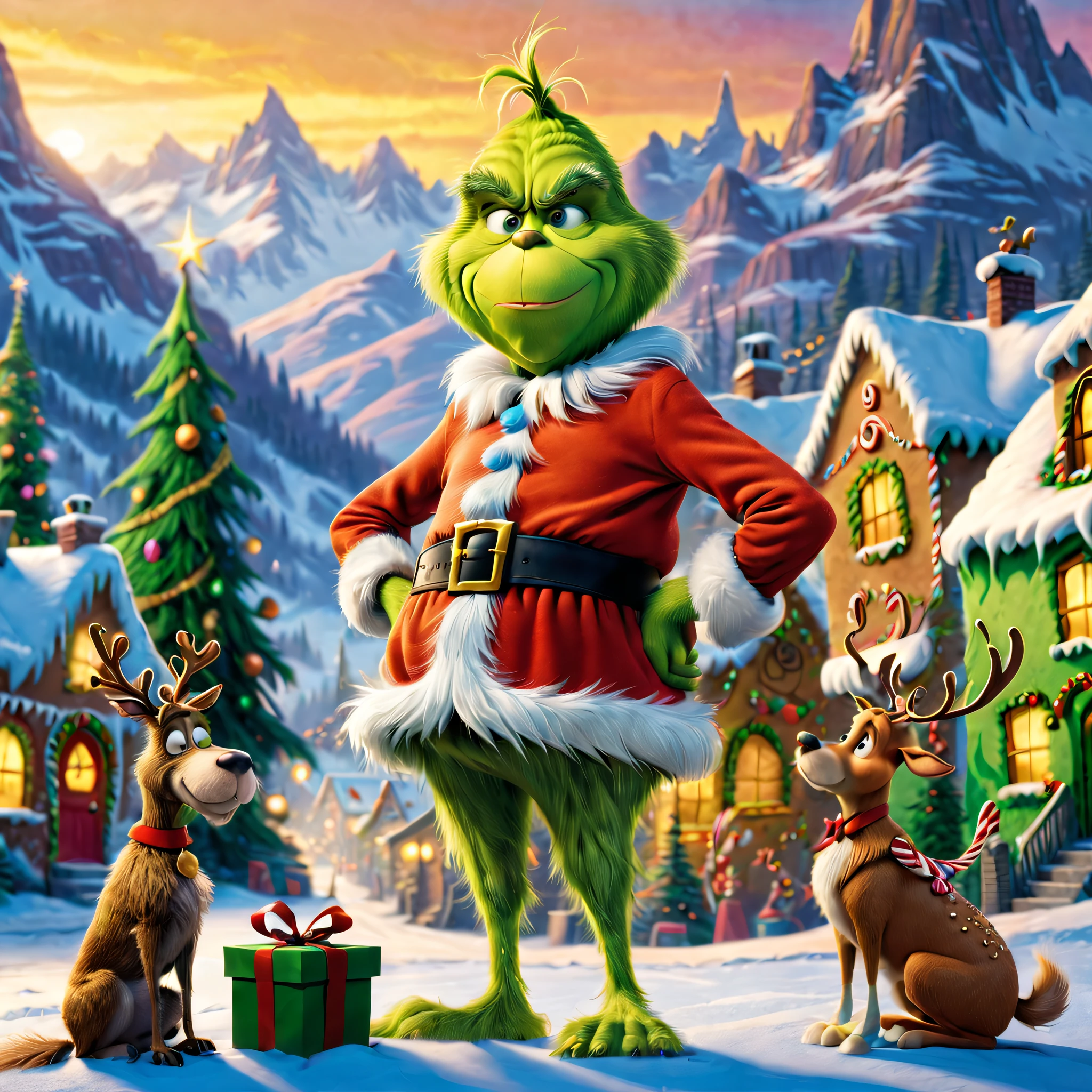 A lonely guy known as "The Grinch" lives on the top of a mountain. At the foot of the mountain is a town as beautiful as gingerbread, Whoville.As the town of Whoville prepares for Christmas, the Grinch plans to ruin the holiday for everyone.The Grinch, who hates Christmas due to his childhood shadow, hatches a plan to pretend to be Santa Claus along with his dog, Max, and an overweight reindeer named Fred, and steal all the goods in the town. Christmas gifts, food and various decorations.