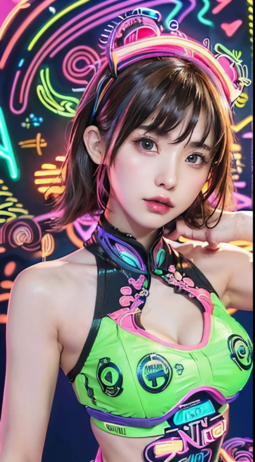 (masterpiece,  best quality,  best quality,  Official Art,  beautiful 、Sophisticated:1.2), ( 1 girl :1.3),  Very detailed,( fractal art:1.2), colorful , maximum details,( It was neon:1.2), ( dynamic pose), ( 抽象背景 neon lightで最高:1.5), (Trident Dress:1.2), (shiny skin), (Colorful:1.4),  upper body , neon light,16k,Full HD