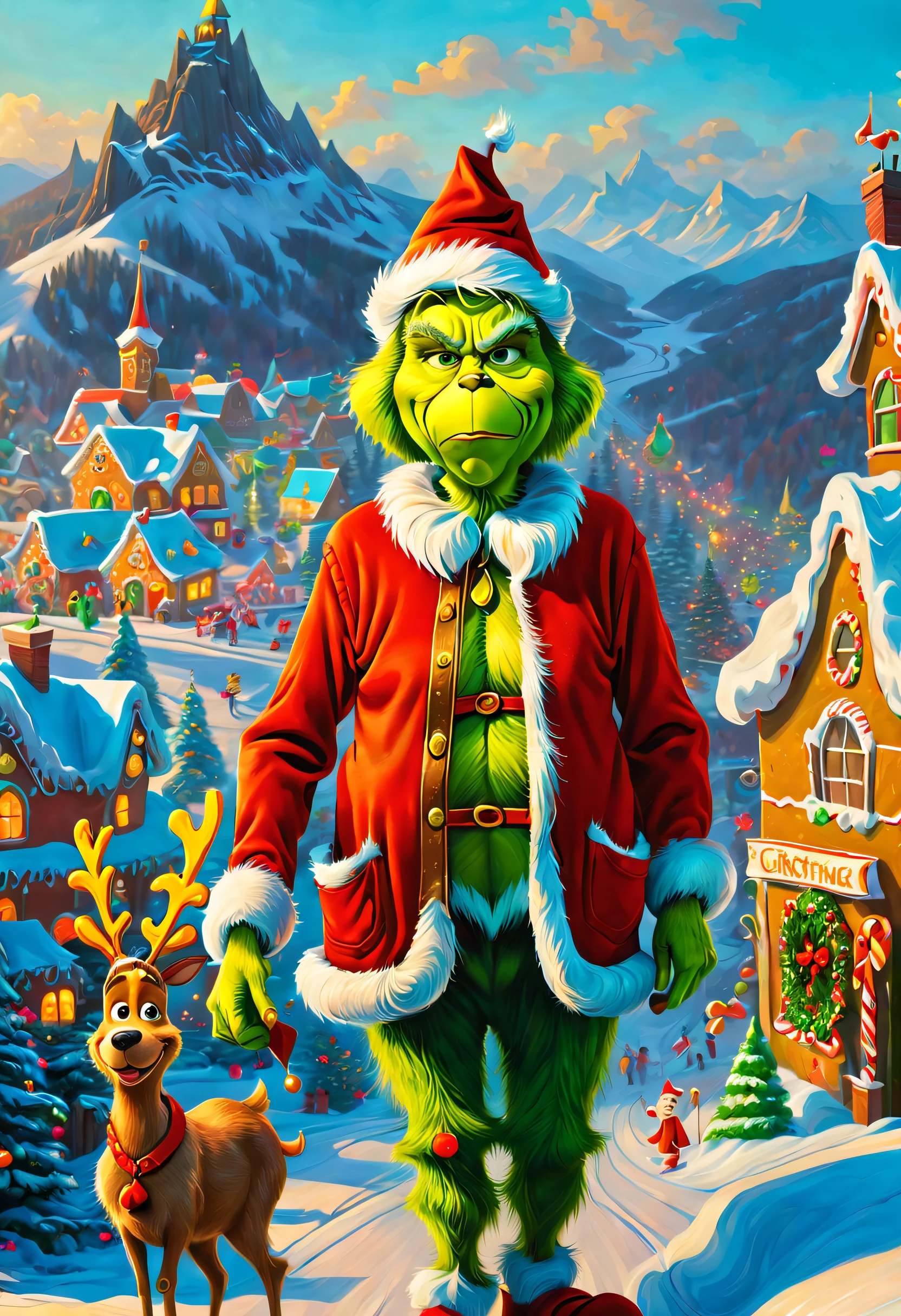 ((A lonely guy known as "The Grinch" lives on the top of a mountain. At the foot of the mountain is a town as beautiful as gingerbread, Whoville.As the town of Whoville prepares for Christmas, the Grinch plans to ruin the holiday for everyone.The Grinch, who hates Christmas due to his childhood shadow, hatches a plan to pretend to be Santa Claus along with his dog, Max, and an overweight reindeer named Fred, and steal all the goods in the town. Christmas gifts, food and various decorations)), (traditional art, illustratio, Exquisite、Best quality、ultra - detailed、nice、Positioning details，RGB color, Surrealism, Luminism, Ghibli-like colours, Verism, UHD, masterpiece, ccurate, anatomically correct, textured skin, super detail, high quality, award winning, best quality, 8k，vibrant with colors，high saturated, ultra-wide-angle, (OilPaintStyle: 1.5), En plein air, Pixar)