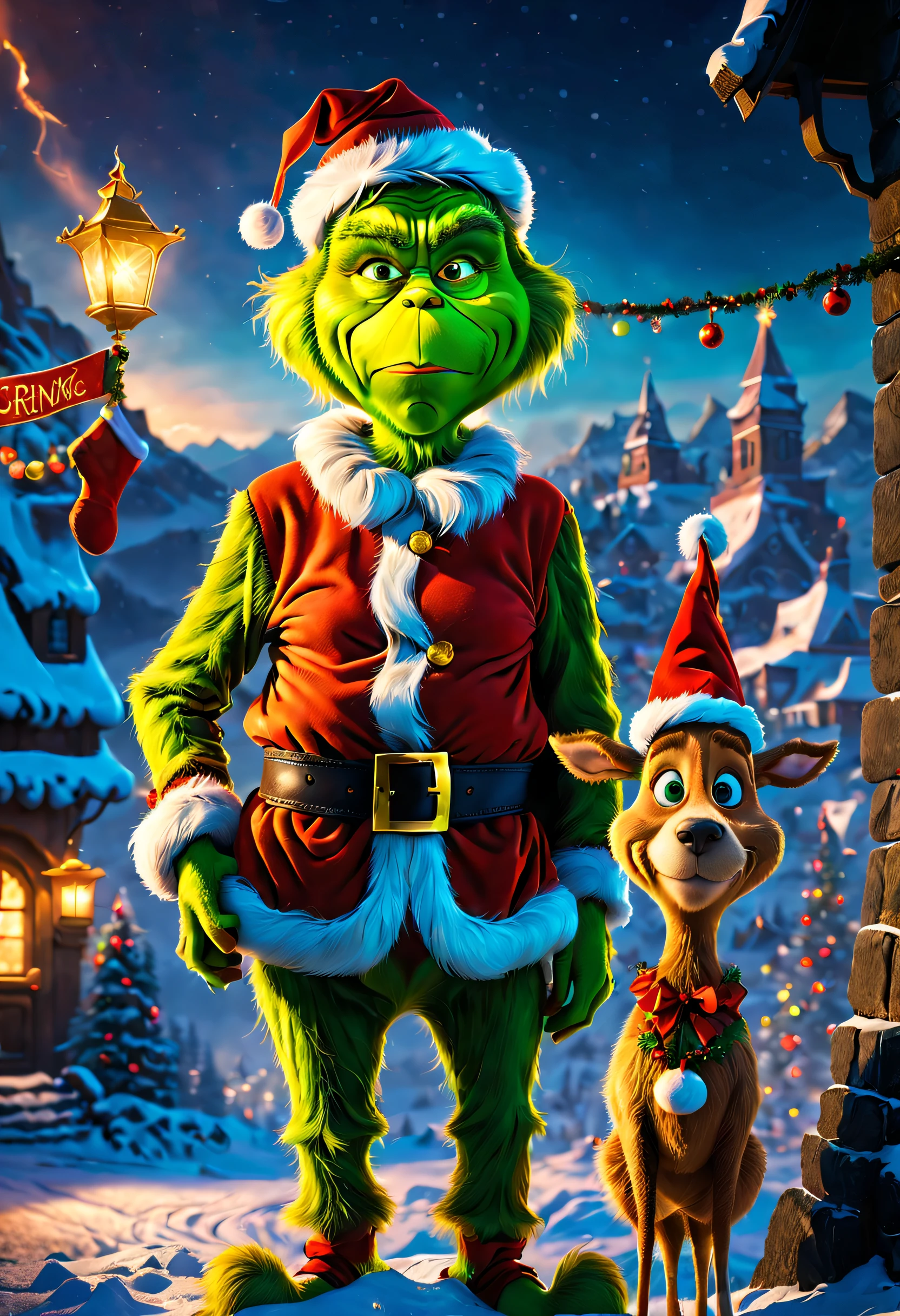 (A lonely guy known as "The Grinch" lives on the top of a mountain. At the foot of the mountain is a town as beautiful as gingerbread, Whoville.As the town of Whoville prepares for Christmas, the Grinch plans to ruin the holiday for everyone.The Grinch, who hates Christmas due to his childhood shadow, hatches a plan to pretend to be Santa Claus along with his dog, Max, and an overweight reindeer named Fred, and steal all the goods in the town. Christmas gifts, food and various decorations),Best quality at best, 4K, 8K, A high resolution, tmasterpiece:1.2, ultra - detailed, actual:1.37, HighDynamicRange, hyper HD, Studio lighting, Focus sharp, physically-based renderingt, professional, vivd colour, bokeh, Old Masters, Full body photo, Lightning magic, Fire magic, PBR rendering + UE engine, Trembling splash of detail, 电影灯光, depth of fields, actual, Ancient mythology, 电影灯光, edge lit, octaneratingrendering, 8K, ultra - detailed