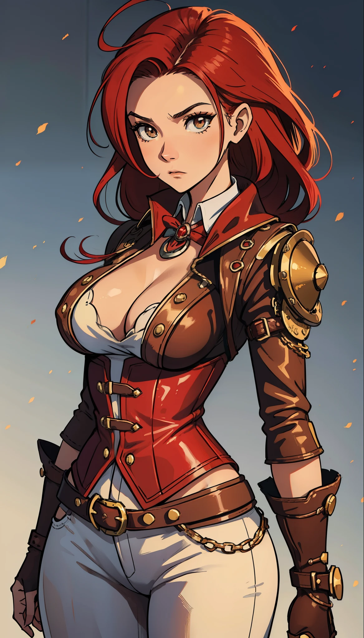 Erza Scarlet is one of the main characters in the series. The young woman with scarlet hair and brown eyes is described by Lucy Heartfilia herself as an amazing woman, very strict and who does not admit when others make mistakes. She is a slender figure with well-drawn curves. Seu traje mais comum consiste em un espartilho feito sob medida, A pair of red pants, Botas pretas e brincos em forma de diamante, in high resolution, circunstanciado, uma arte para um Jogo de rpg ((melhor qualidade)) ((olhos bonitos)) ((Steampunk))