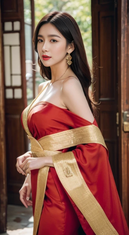 masterpiece, ultra realistic,32k,intricate details, sharp focus, realistic, closed, seductive pose, black eyes, jewelr, lips, realistic, looking_at_viewer,  wet skin, shiny skin, long sleeves, indonesian clothes, bali, Anne Hathaway, cityscape, dynamic pose, red kebaya,full body,busty body,curvy body,long hair,beauty face,cowboy shot