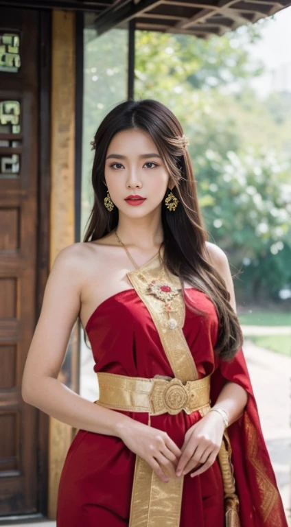 Detailed faces, Clear Face, beautiful girl, Asian makeup, Red lips, brunette hair, very long hair, Extra long hair, I&#39;m in the back., small body, Big breasts, super large breasts, Thai angel costume, antique, sexy medium dress, Red Dresses, HD, fuul body, Evening Light, ancient house background.Show right shoulder, left shawl, Look straight ahead..