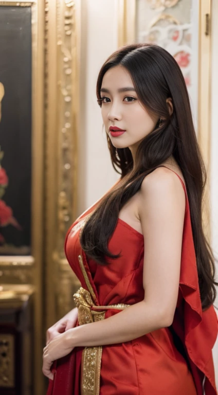 Detailed faces, Clear Face, beautiful girl, Asian makeup, Red lips, brunette hair, very long hair, Extra long hair, I&#39;m in the back., small body, Big breasts, super large breasts, Thai angel costume, antique, sexy medium dress, Red Dresses, HD, fuul body, Evening Light, ancient house background.Show right shoulder, left shawl, Look straight ahead..