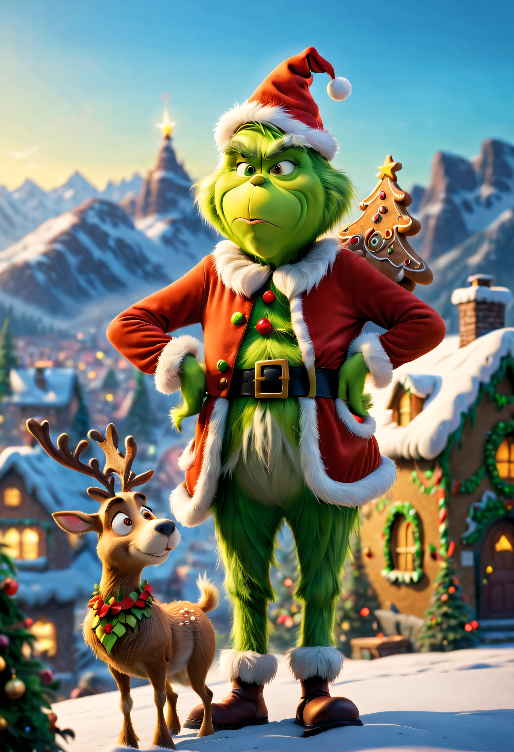 (A lonely guy known as "The Grinch" lives on the top of a mountain. At the foot of the mountain is a town as beautiful as gingerbread, Whoville.As the town of Whoville prepares for Christmas, the Grinch plans to ruin the holiday for everyone.The Grinch, who hates Christmas due to his childhood shadow, hatches a plan to pretend to be Santa Claus along with his dog, Max, and an overweight reindeer named Fred, and steal all the goods in the town. Christmas gifts, food and various decorations), Best quality at best, 8K, A high resolution, tmasterpiece:1.2, ultra - detailed, HighDynamicRange, hyper HD, Studio lighting, Focus sharp, physically-based renderingt, professional, vivd colour, bokeh, Full body photo, PBR rendering + UE engine, Trembling splash of detail, 电影灯光, depth of fields, actual, 电影灯光, edge lit, octaneratingrendering, 8K, ultra - detailed