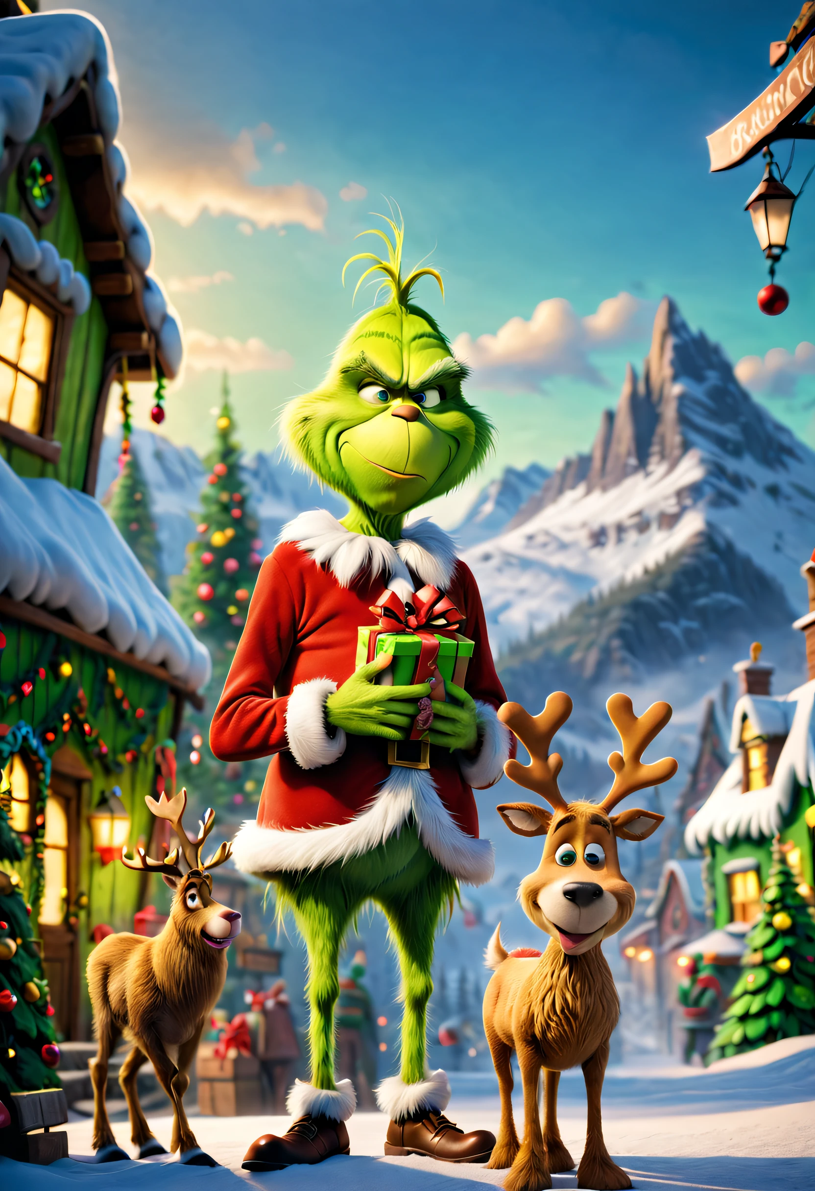 (A lonely guy known as "The Grinch" lives on the top of a mountain. At the foot of the mountain is a town as beautiful as gingerbread, Whoville.As the town of Whoville prepares for Christmas, the Grinch plans to ruin the holiday for everyone.The Grinch, who hates Christmas due to his childhood shadow, hatches a plan to pretend to be Santa Claus along with his dog, Max, and an overweight reindeer named Fred, and steal all the goods in the town. Christmas gifts, food and various decorations), Best quality at best, 8K, A high resolution, tmasterpiece:1.2, ultra - detailed, HighDynamicRange, hyper HD, Studio lighting, Focus sharp, physically-based renderingt, professional, vivd colour, bokeh, Full body photo, PBR rendering + UE engine, Trembling splash of detail, 电影灯光, depth of fields, actual, 电影灯光, edge lit, octaneratingrendering, 8K, ultra - detailed