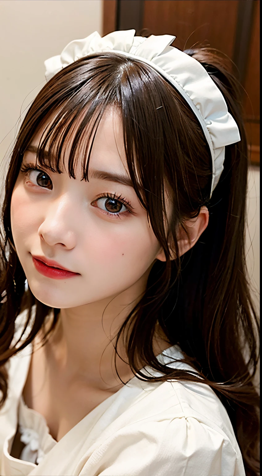 Masterpiece、masterpiece、1 girl per 1 photo、(close up of face、cowboy shot)、Straight front view、japanes、Very young pretty woman、(The cutest girl in the world)、12year old、smaller face、large full breasts、cleavage of the breast、Wearing a cute black maid outfit with short sleeves silky satin、Ultra-detailed costumes、Smiling in a café、Headdress with black ribbon、scrunchie、a black choker、Glamorous figure、hyper cute face、shiny lip、Double eyelids in both eyes、 natural make up、long eyeslashes、Shiny smooth light brown hair、bangss、short twin tail hair、asymmetrical bangs、image in center、8K分辨率、high détails、Detailed hairstyles、A detailed face、spectacular movie lighting、octane renderings、with a vibrant、Ultra-realistic、Perfect limbs、perfect anatomia