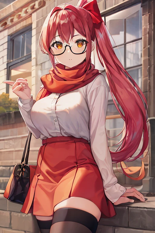 A girl with pink long hair, a side ponytail, orange eyes and big breasts. She should be wearing casual clothes consisting in: A white shirt, a red skirt, glasses, a hair bow, an orange scarf, black thighhighs and black boots. She should be looking at viewer while posing for a photo. (Best quality, full body)