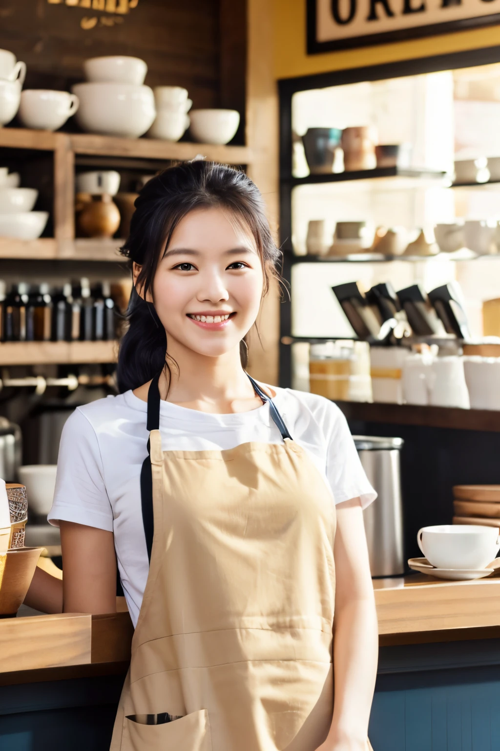 (best quality:1.2,ultra-definition:1.2),portraits,portrait of a coffee shop female cashier,smiling,full body,black hair,ponytail,white T-shirt,jeans,((beige apron)),vibrant colors,soft lighting,indoor setting,morning sunlight,