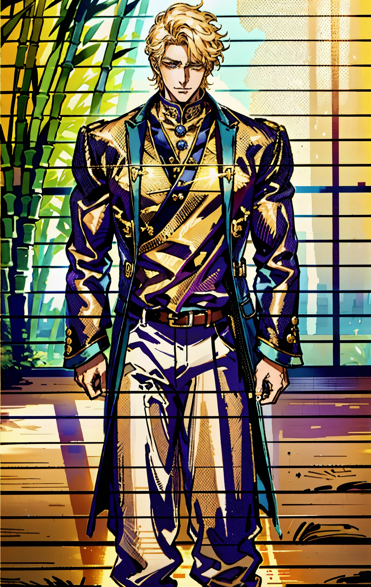 A man, short golden hair styled in an upward fashion, a tuft of hair bangs, a melancholic expression, sharp gaze, a playful smile, a two-piece fantasy-style Chinese outfit, a complexly layered white undershirt, a loose-knit outer coat, a yellow silk belt, coarse cloth trousers, the backdrop showcases a wooden house set in a bamboo forest, creating a refreshing and dreamy atmosphere, this character embodies a finely crafted fantasy-style wise in anime style, characterized by an exquisite and mature manga illustration art style, high definition, best quality, highres, ultra-detailed, ultra-fine painting, extremely delicate, professional, anatomically correct, symmetrical face, extremely detailed eyes and face, high quality eyes, creativity, RAW photo, UHD, 8k, Natural light, cinematic lighting, masterpiece-anatomy-perfect, masterpiece:1.5