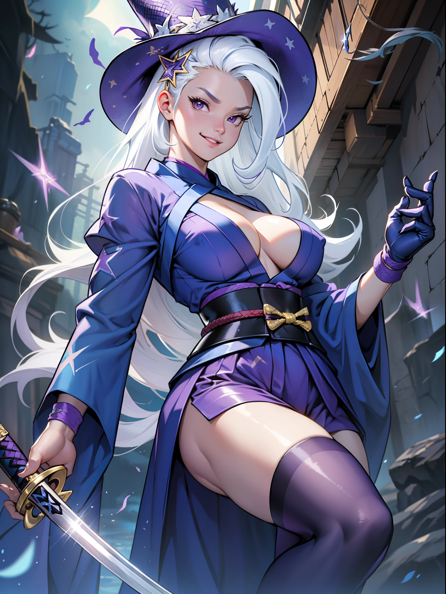 Trixie, Trixie from My Little Pony, big breastes, Lush breasts, closed clothing, elastic breasts, exuberant hair, straight hair, samurai, kimono , smirk, Smiling, Katana in hand, big iron katana, very long katana, emphasis on the sword, shiny sword, view from bottom, Foreshortening from the ground, fishnet stockings, blue star hairpin, blue outfit, White Belt, A lot of blue, beste-Qualit, Very detailed, Sorceress, magic and runes, purple magic, The Sorcerer's Hat