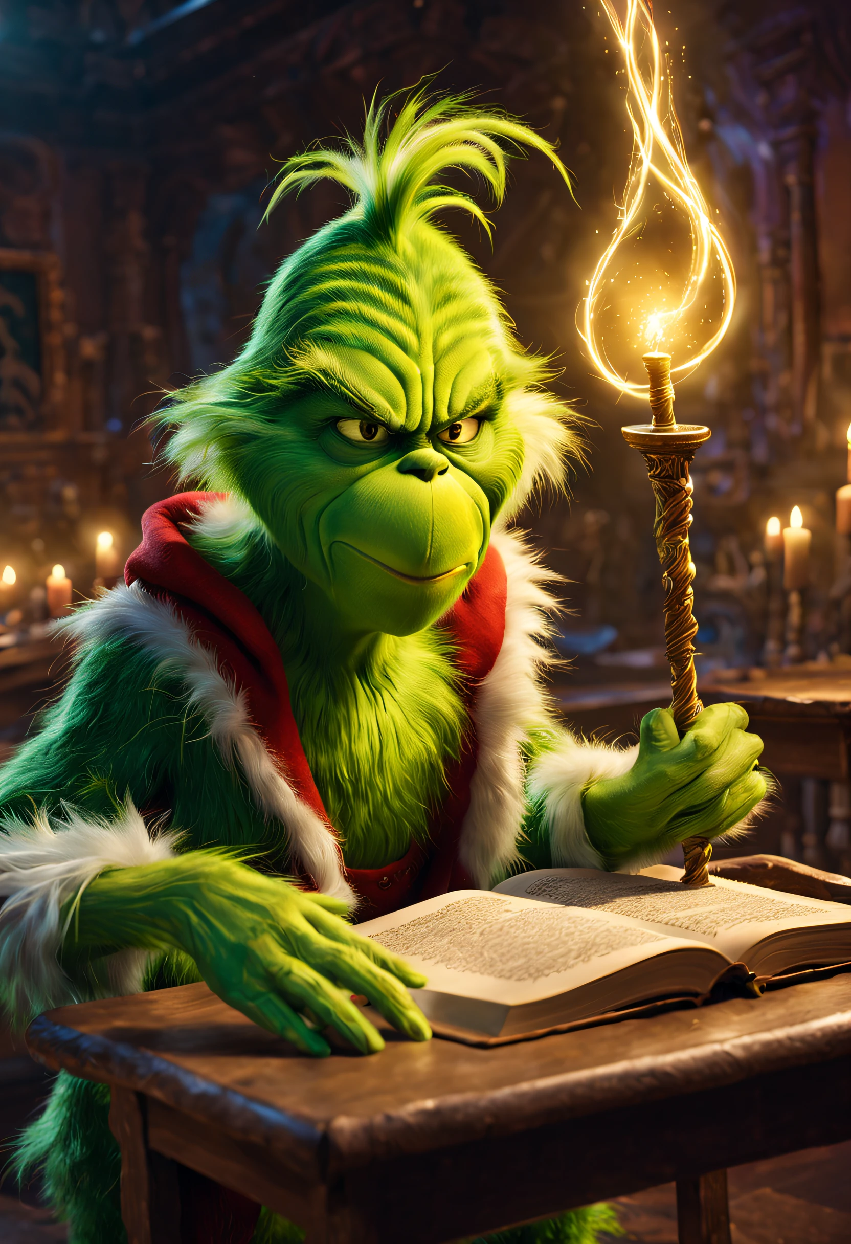 The green-haired monster Grinch stands in the classroom, With a magic wand, Cast complex and powerful spells. A bright flash lights up the surroundings. Grinch&#39;s eyes are full of weirdness and evil，wave the wand with precision. The air is filled with magical energy, Crackling，around him. The classroom is filled with ancient books, potion bottle, and other magical artifacts. The walls are decorated with intricate tapestries，The history of magic is depicted. The atmosphere is mysterious and charming. The Grinch&#39;s spell comes to life, Create stunning visuals，Engage your audience. plethora of colors、brightly colored, With a touch of otherworldly light. The lighting is dramatic, Cast a long shadow，Highlight the boy&#39;s face with magical light. The scene gives a sense of awe and wonder. The Grinch&#39;s intense focus and raw power of his spells clearly indicate that he is a gifted evil wizard, Destined for great things. Image quality is top notch, It has ultra-fine textures and sharp focus. This artwork has a sense of reality and fantasy, Combine elements of digital illustration and traditional painting. Carefully selected colors create a harmonious and magical atmosphere, With a touch of warmth and mystery. The scene is bathed in softness, natural soft light, Casts a soft glow around. The overall composition and perspective transport the viewer into a magical world, Evoke feelings of wonder and excitement.