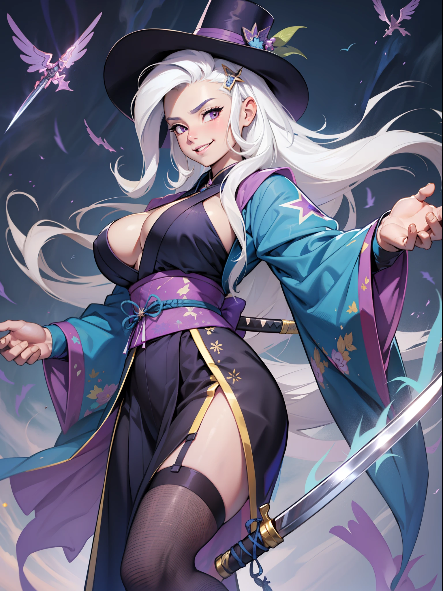 Trixie, Trixie from My Little Pony, big breastes, Lush breasts, closed clothing, elastic breasts, exuberant hair, straight hair, samurai, kimono , smirk, Smiling, Katana in hand, big iron katana, very long katana, emphasis on the sword, shiny sword, view from bottom, Foreshortening from the ground, fishnet stockings, blue star hairpin, blue outfit, White Belt, A lot of blue, beste-Qualit, Very detailed, Sorceress, magic and runes, purple magic, The Sorcerer's Hat