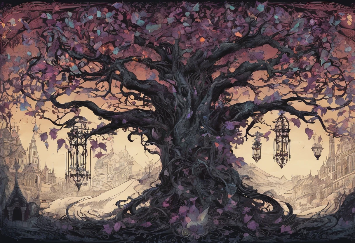"tree with bright iridescent leaves, Casting its majestic shadow over an enchanting fantasy village."Fantastical、In a dream、PILLOWS、Sleep Wine、