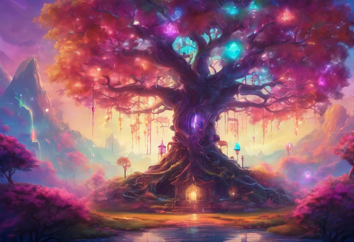 "tree with bright iridescent leaves, Casting its majestic shadow over an enchanting fantasy village."Fantastical、In a dream、PILLOWS、Sleep Wine、