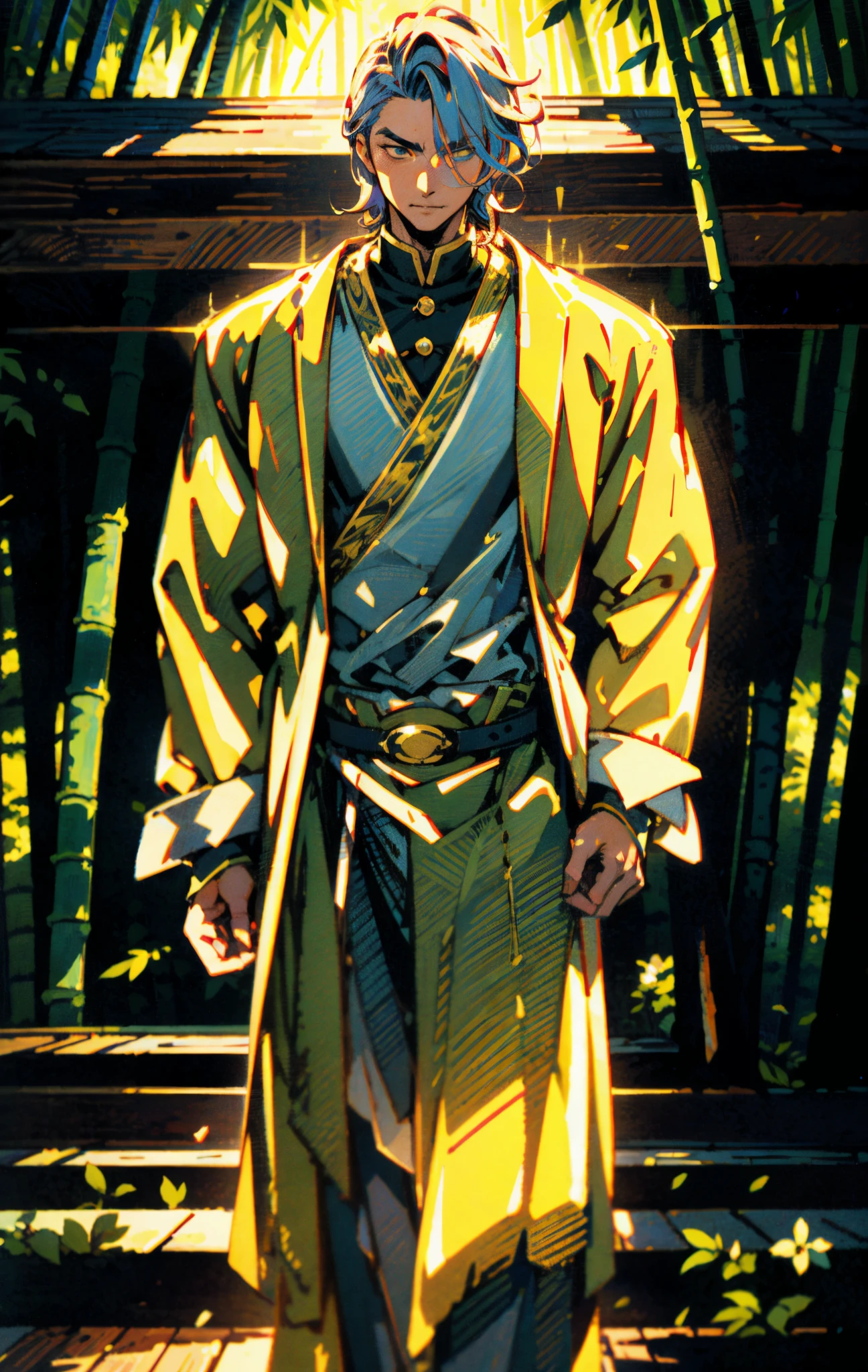 A man, short golden hair styled in an upward fashion, a tuft of hair bangs, a melancholic expression, sharp gaze, a playful smile, a two-piece fantasy-style Chinese outfit, a complexly layered white undershirt, a loose-knit outer coat, a yellow silk belt, coarse cloth trousers, the backdrop showcases a wooden house set in a bamboo forest, creating a refreshing and dreamy atmosphere, this character embodies a finely crafted fantasy-style wise in anime style, characterized by an exquisite and mature manga illustration art style, high definition, best quality, highres, ultra-detailed, ultra-fine painting, extremely delicate, professional, anatomically correct, symmetrical face, extremely detailed eyes and face, high quality eyes, creativity, RAW photo, UHD, 8k, Natural light, cinematic lighting, masterpiece-anatomy-perfect, masterpiece:1.5