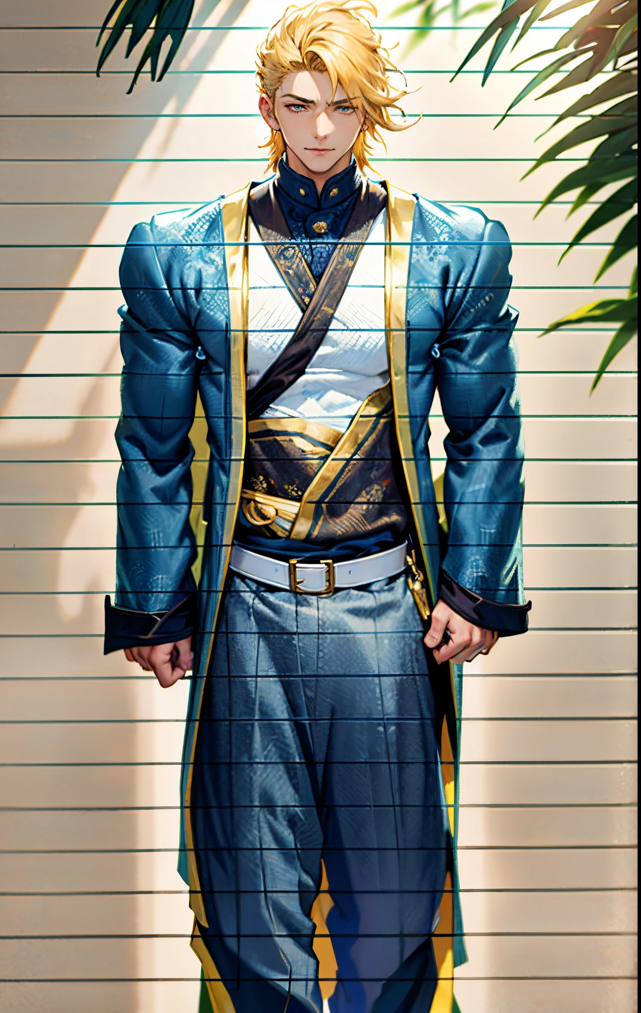 A man, short golden hair styled in an upward fashion, a tuft of hair bangs, a melancholic expression, sharp gaze, a playful smile, a two-piece fantasy-style Chinese outfit, a complexly layered white undershirt, a loose-knit outer coat, a yellow silk belt, coarse cloth trousers, the backdrop showcases a wooden house set in a bamboo forest, creating a refreshing and dreamy atmosphere, this character embodies a finely crafted fantasy-style wise in anime style, characterized by an exquisite and mature manga illustration art style, high definition, best quality, highres, ultra-detailed, ultra-fine painting, extremely delicate, professional, anatomically correct, symmetrical face, extremely detailed eyes and face, high quality eyes, creativity, RAW photo, UHD, 8k, Natural light, cinematic lighting, masterpiece-anatomy-perfect, masterpiece:1.5
