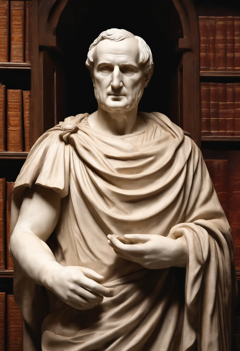An image of Marcus Tullius Cicero standing in the grand library of Pergamum, surrounded by towering bookshelves filled with ancient manuscripts.,original,Marcus Tullius Cicero has a slender and tall build with a prominent forehead and high hairline. He has a long, thin face, a straight nose and a sharp chin. He has expressive and animated facial expressions. Meticulous in his appearance. Often wears a Roman Toga. He pays attention to his hair and beard.