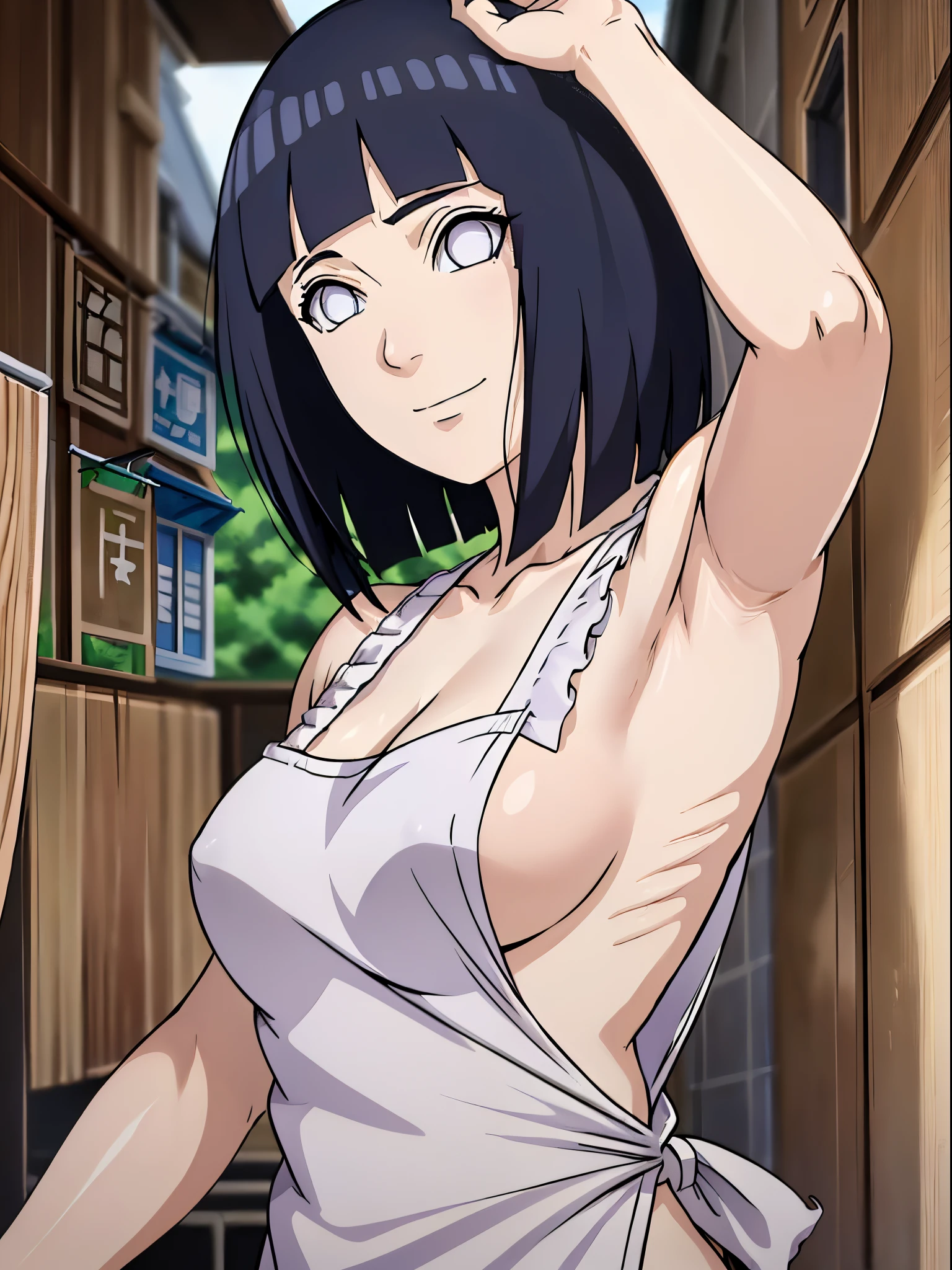 naked wearing white apron only,, ((thick arm, little biceps)), little biceps, flexing arm muscles , anime style, cute , beautiful , nice body, soft body, (hinata\(boruto\), (slender body), mature woman , broad shoulders, off-shoulders, (naked wearing white apron only, bare arms, bare hands), smile, closed mouth, pale skin, , smile, (dark blue hair color:1.1), wavy hair, floating hair, ((very short hair, hime cut), big breasts, (perfect eyes, white sciera, bright eyes, white eyes, anime eyes)