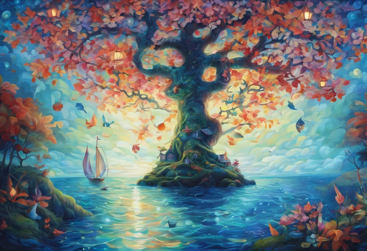 "tree with bright iridescent leaves, Casting its majestic shadow over an enchanting fantasy village."Fantastical、In a dream、PILLOWS、Sleep Wine、