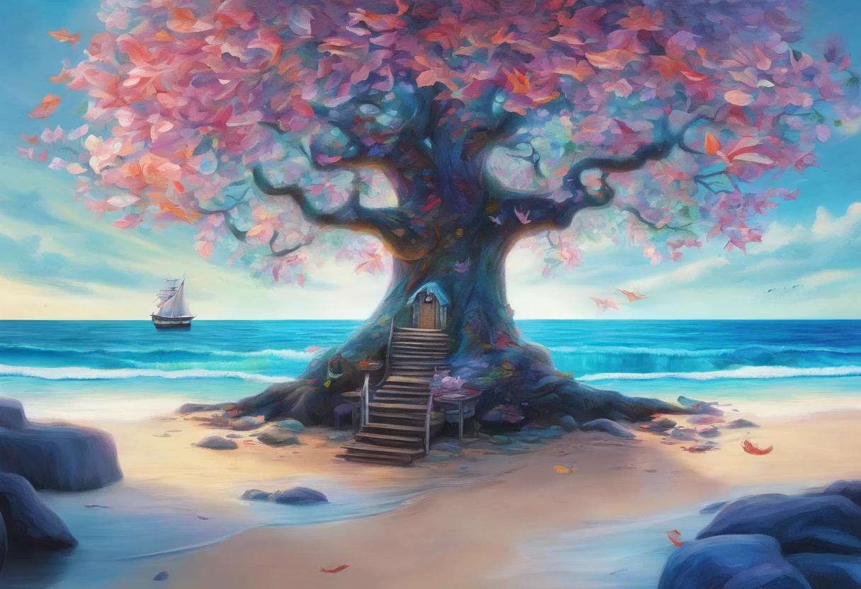 "tree with bright iridescent leaves, Casting its majestic shadow over an enchanting fantasy village."Fantastical、In a dream、PILLOWS、Sleep Wine、