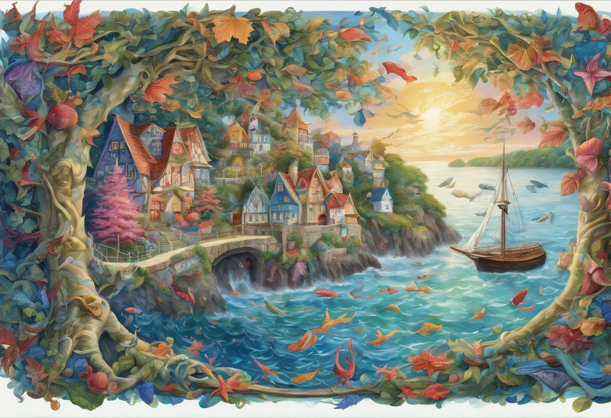 "tree with bright iridescent leaves, Casting its majestic shadow over an enchanting fantasy village."Fantastical、In a dream、PILLOWS、Sleep Wine、