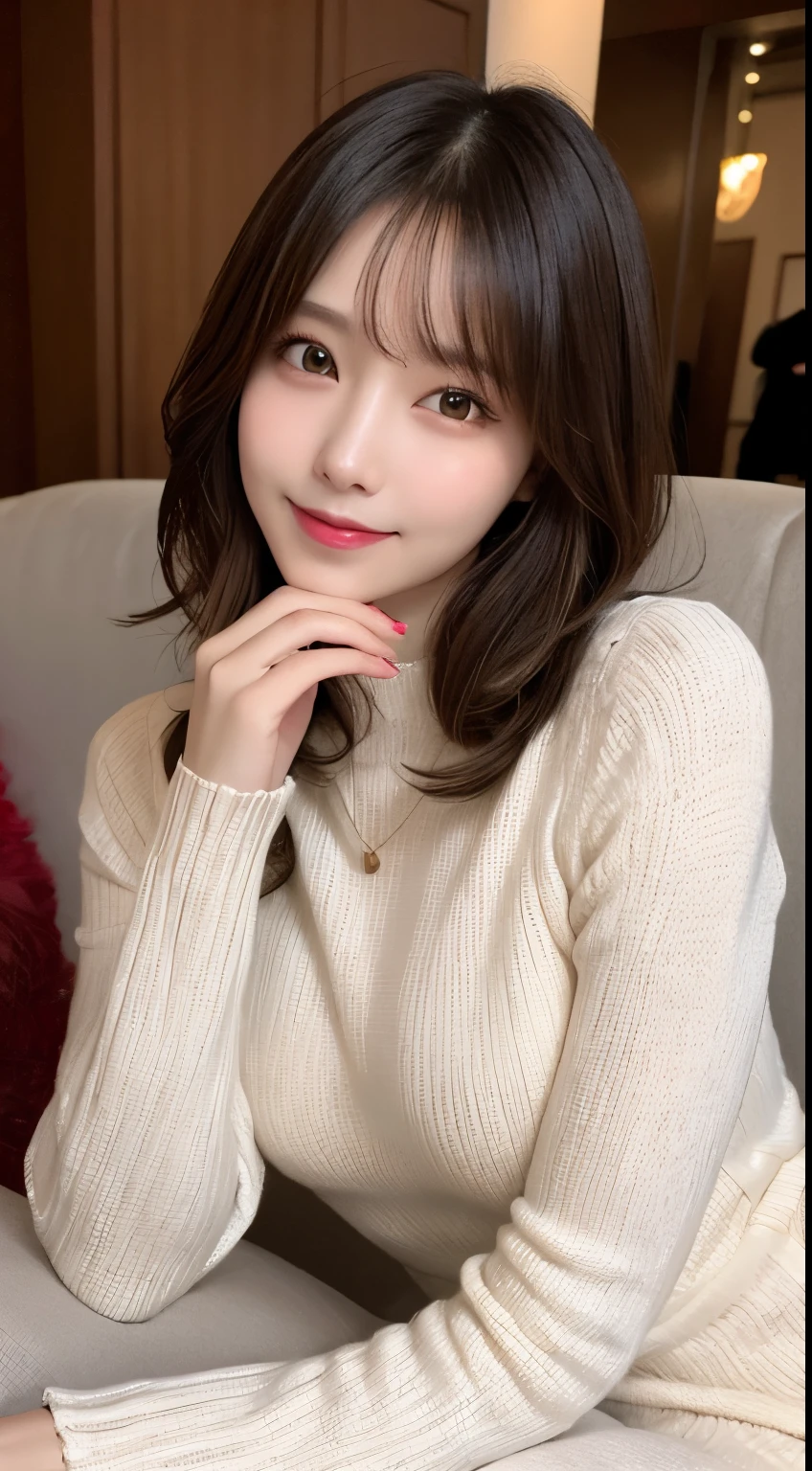 pieces fly、masterpiece、highest quality、Super detailed、High resolution、High resolution、8K portrait、unity 8k wallpaper、Detailed CG、unity 8k wallpaper、Detailed CGユニティ8kの壁紙、realistic、real person、portrait photography、shiny skin、()、(cute:1.2)、High resolution、beautiful clear eyes、very detailed explanation、delicate face、nice lips、thin waist、thin legs、1 girl、(fitted knit sweater:1.2)、(pleated skirt:1.2)、(flat chest:1.4)、((Self snap:1.4))、(smile:1.2)、(garden:1.2)、(wavy hair:1.2)