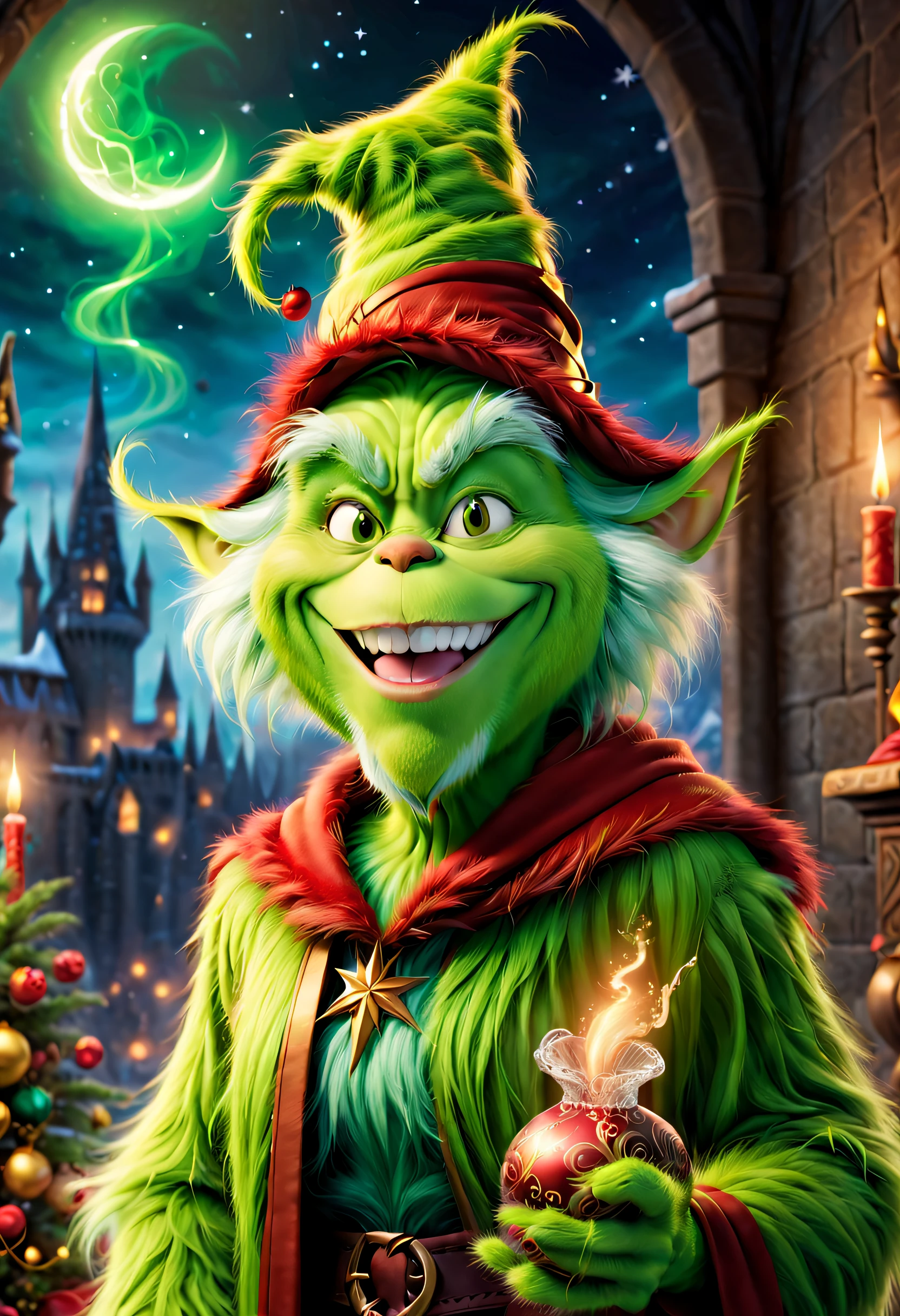 (The Grinch: 1.2，Evil smiled: 1.2), The Mystery of Hogwarts School of Witchcraft and Wizardry 1 The Grinch，wearing mage robes，wearing a pointed hat，Teach with a wand，Full of magic and aura，Christmas background，christmas flowers，vases，Fantastic and magical，with her mouth open，ssmile，furry art，Elokiti，Disney&#39;s Grinch，Disney style furry，ear floof，fluffy green fur，White beard，Fluffy，themoon