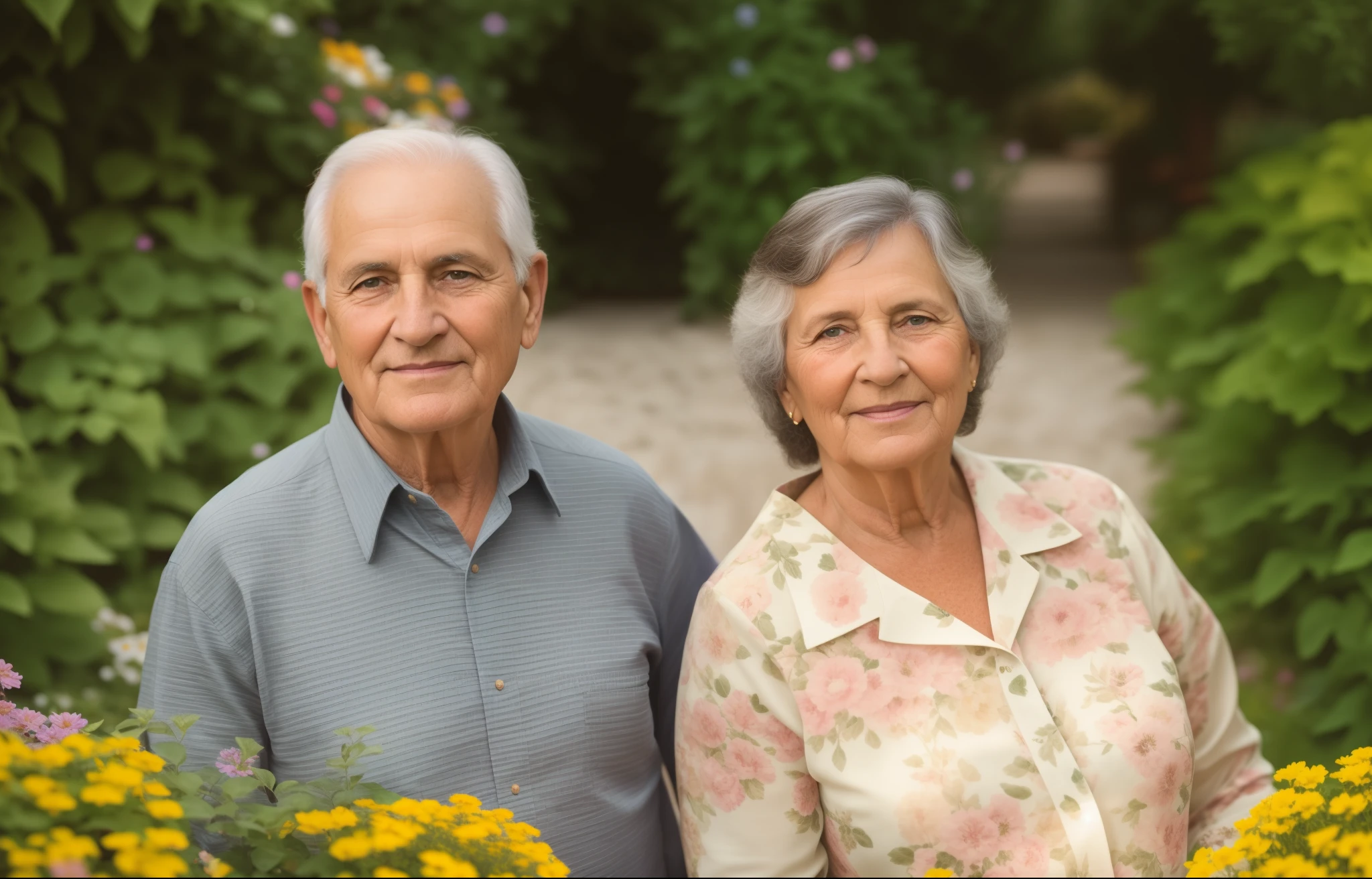 They are standing in a garden with flowers and plants, Szekely Bertalan y Lotz Karoly, Dos ancianos, Retrato de dos personas, momma and papa, Foto tomada en 2 0 2 0, photography portrait, imagen vertical, por Maksimilijan Vanka, Barabas Miklos y Hollosy Simon