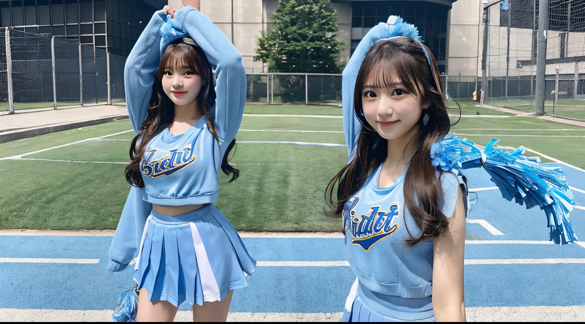 Beautiful 18-year-old cheerleader in a light blue costume and miniskirt