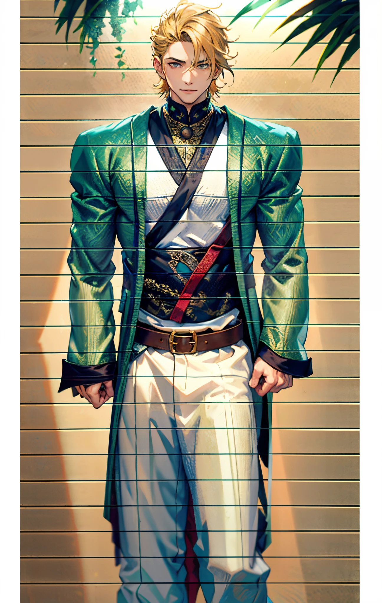A man, short golden hair styled in an upward fashion, a tuft of hair bangs, a melancholic expression, sharp gaze, a playful smile, a two-piece fantasy-style Chinese outfit, a complexly layered white undershirt, a loose-knit outer coat, a yellow silk belt, coarse cloth trousers, the backdrop showcases a wooden house set in a bamboo forest, creating a refreshing and dreamy atmosphere, this character embodies a finely crafted fantasy-style wise in anime style, characterized by an exquisite and mature manga illustration art style, high definition, best quality, highres, ultra-detailed, ultra-fine painting, extremely delicate, professional, anatomically correct, symmetrical face, extremely detailed eyes and face, high quality eyes, creativity, RAW photo, UHD, 8k, Natural light, cinematic lighting, masterpiece-anatomy-perfect, masterpiece:1.5