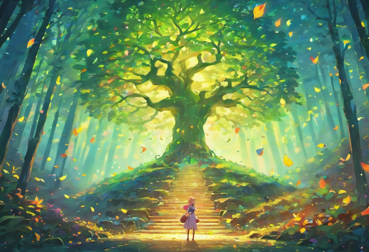 "tree with bright iridescent leaves, Casting its majestic shadow over an enchanting fantasy village."Fantastical、In a dream、PILLOWS、Sleep Wine、